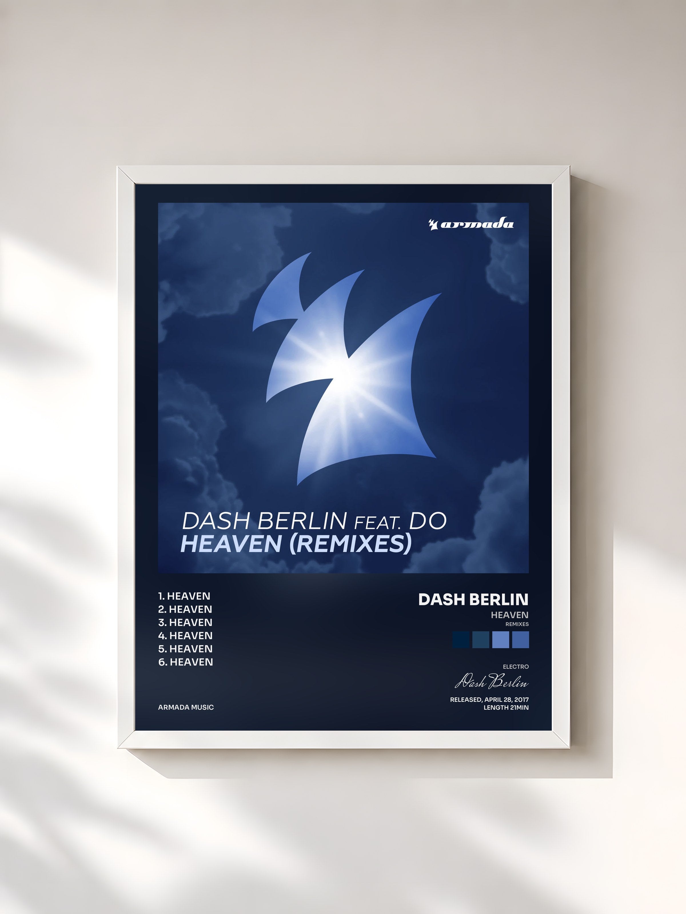 #blanc Tableau de l'album Heaven (Remixes) de Dash Berlin, cadre blanc, imprimé et encadré en France