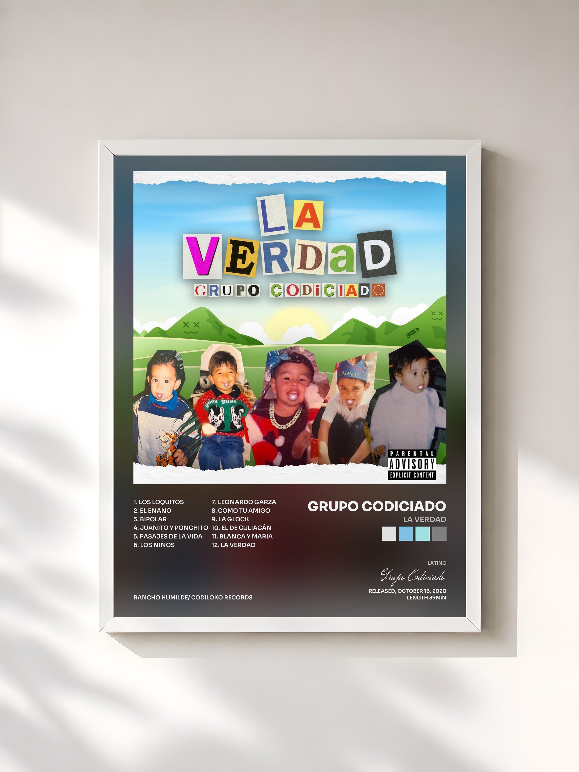 #blanc Tableau de l'album La Verdad de Grupo Codiciado, cadre blanc, imprimé et encadré en France