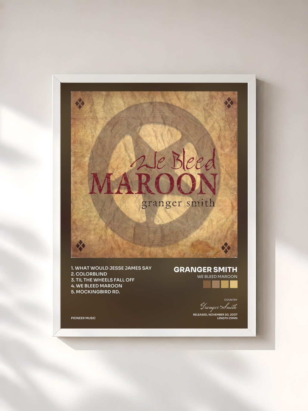 #blanc Tableau de l'album We Bleed Maroon de Granger Smith, cadre blanc, imprimé et encadré en France