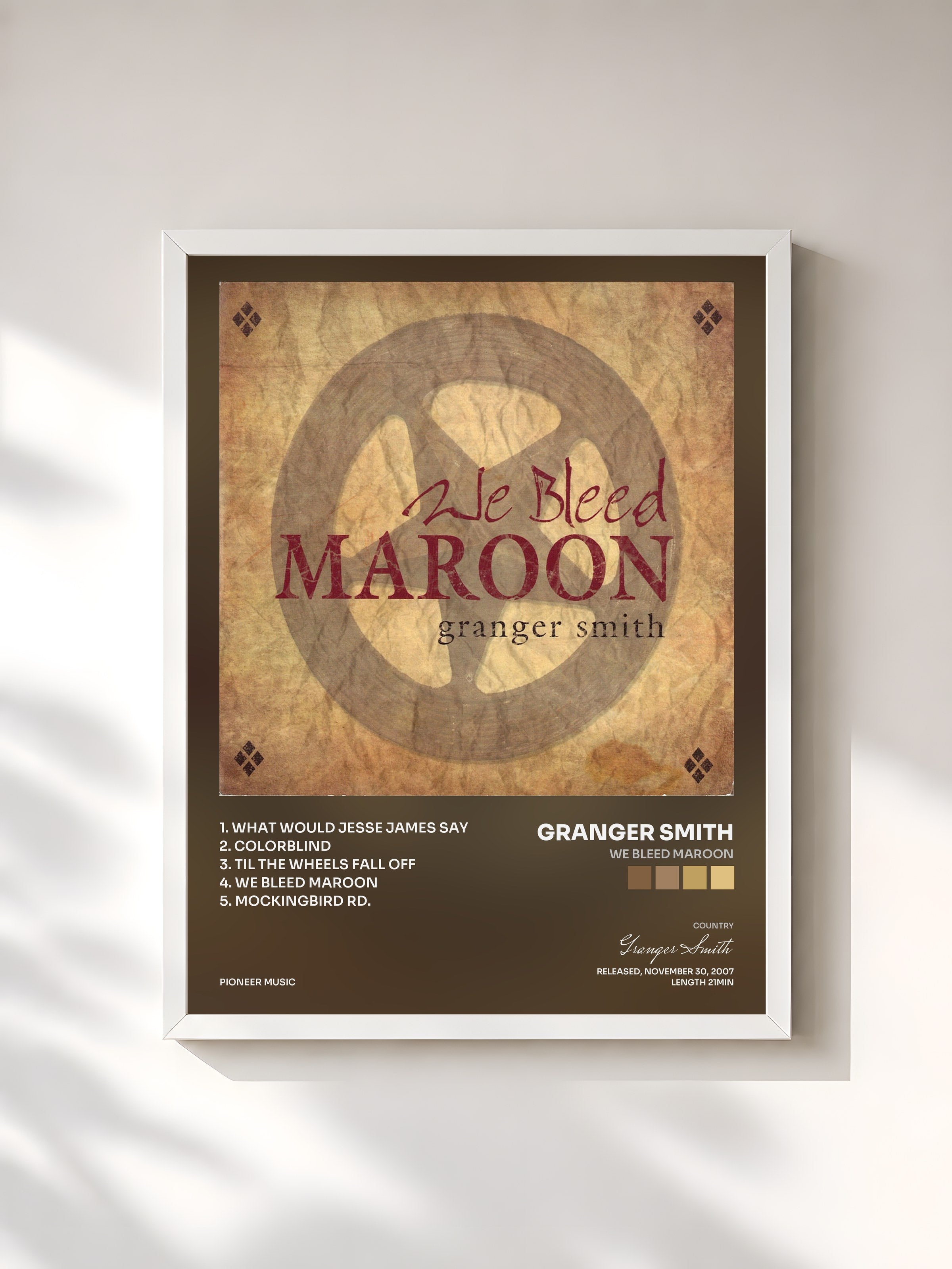 #blanc Tableau de l'album We Bleed Maroon de Granger Smith, cadre blanc, imprimé et encadré en France