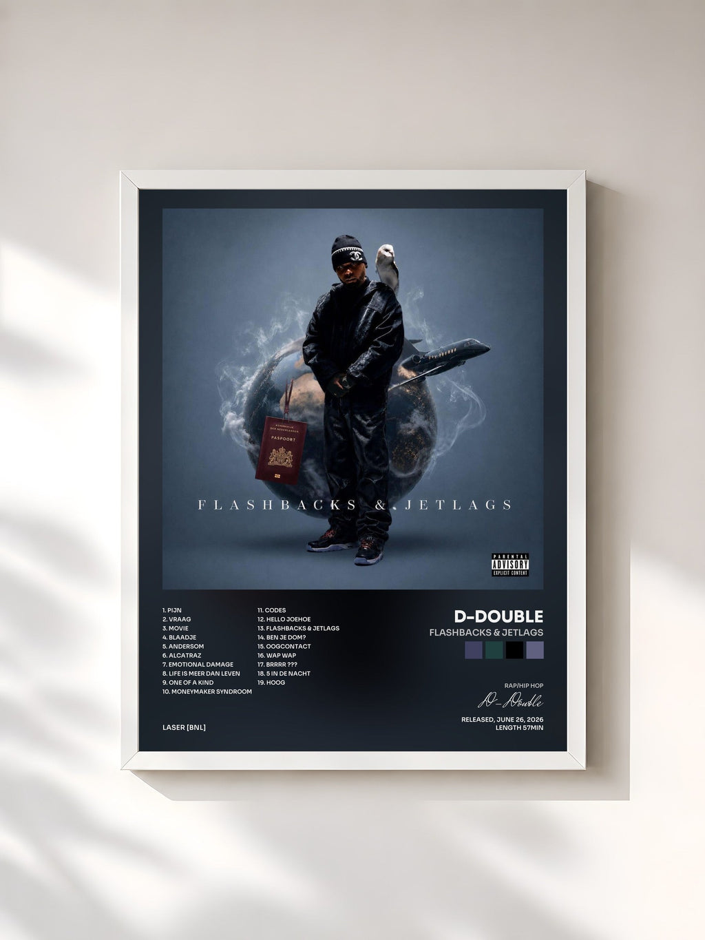 #blanc Tableau de l'album Flashbacks & Jetlags de D-Double, cadre blanc, imprimé et encadré en France