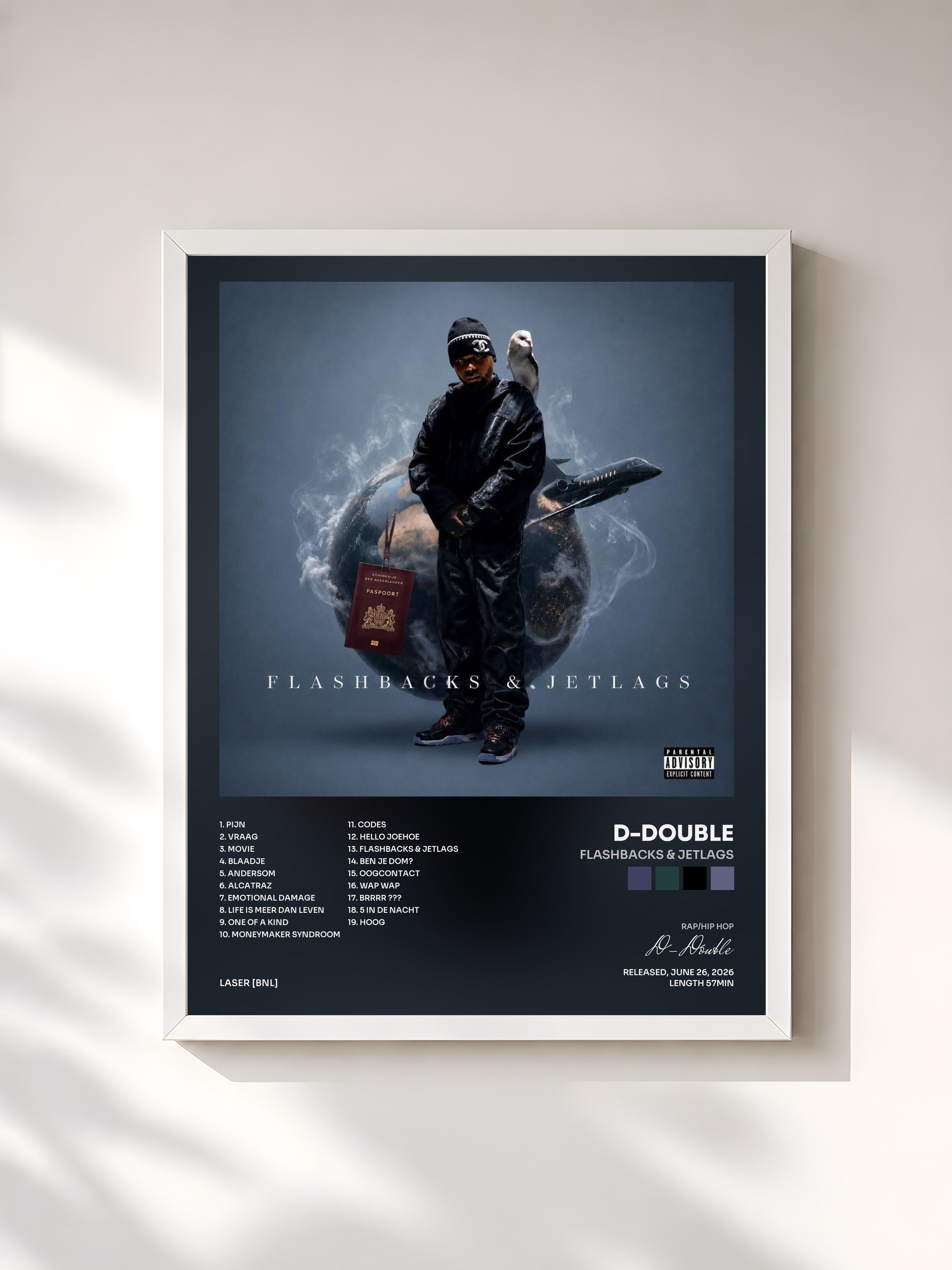#blanc Tableau de l'album Flashbacks & Jetlags de D-Double, cadre blanc, imprimé et encadré en France