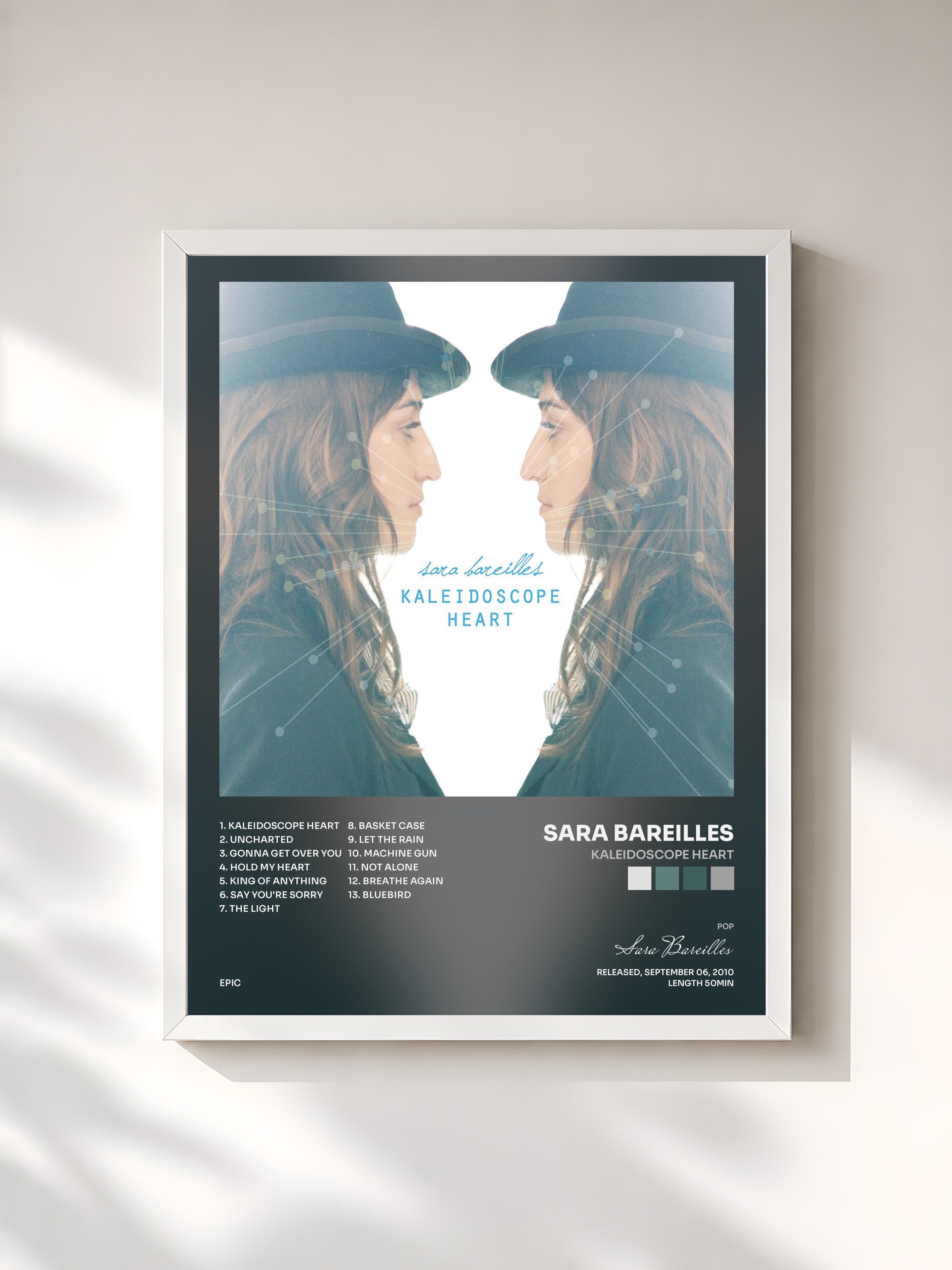 #blanc Tableau de l'album Kaleidoscope Heart de Sara Bareilles, cadre blanc, imprimé et encadré en France