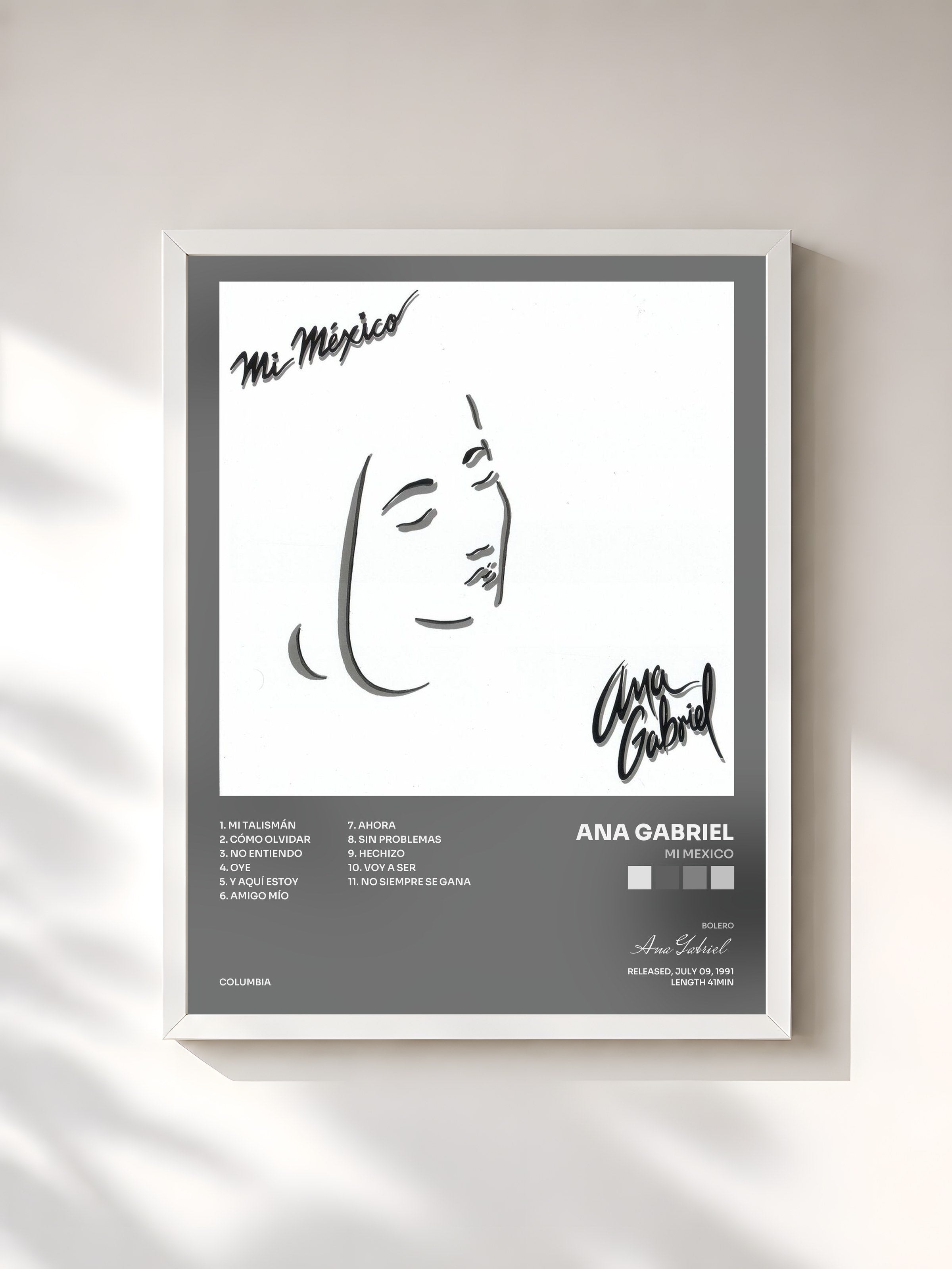 #blanc Tableau de l'album Mi Mexico de Ana Gabriel, cadre blanc, imprimé et encadré en France