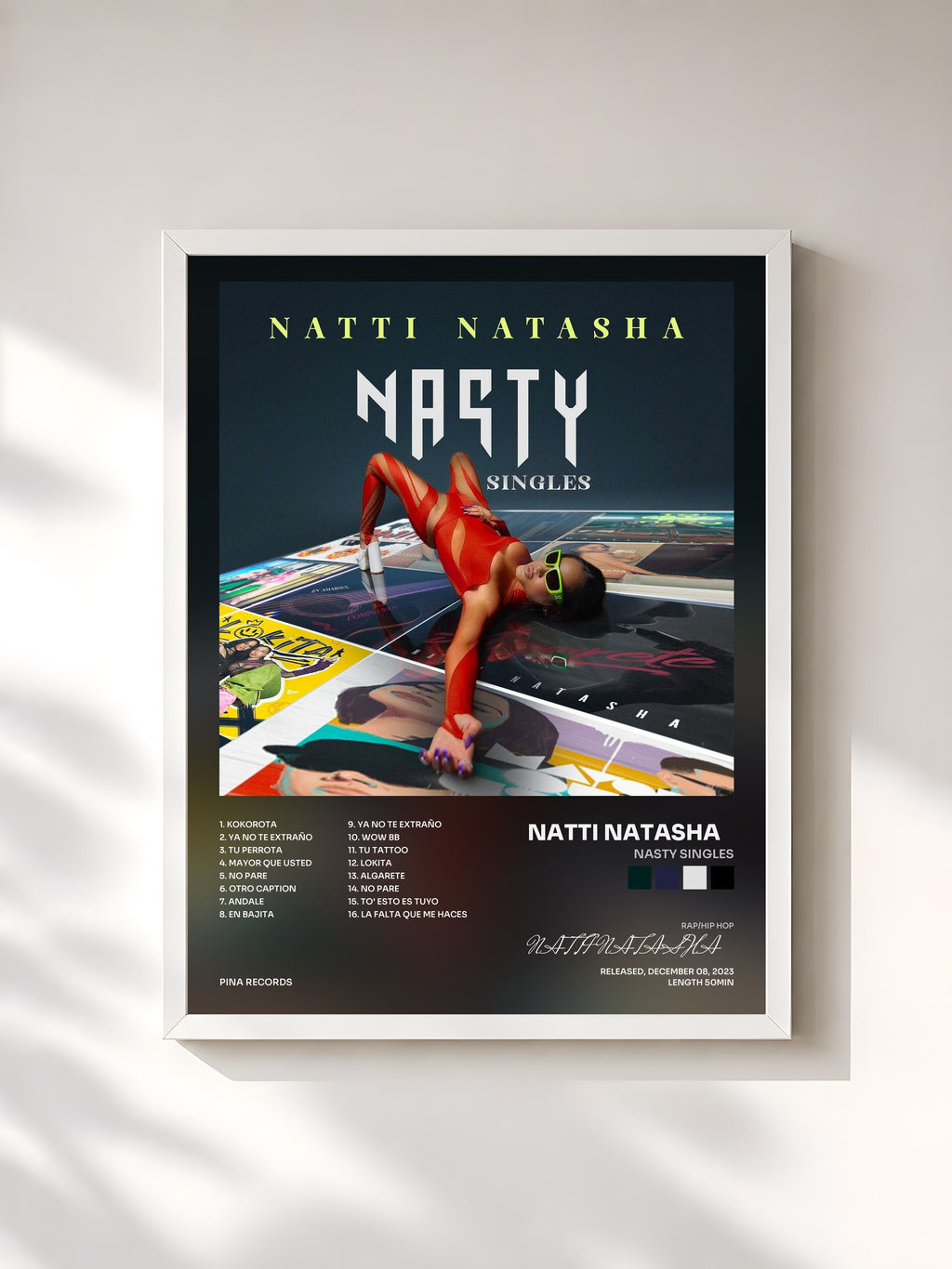 #blanc Tableau de l'album NASTY SINGLES de NATTI NATASHA   , cadre blanc, imprimé et encadré en France