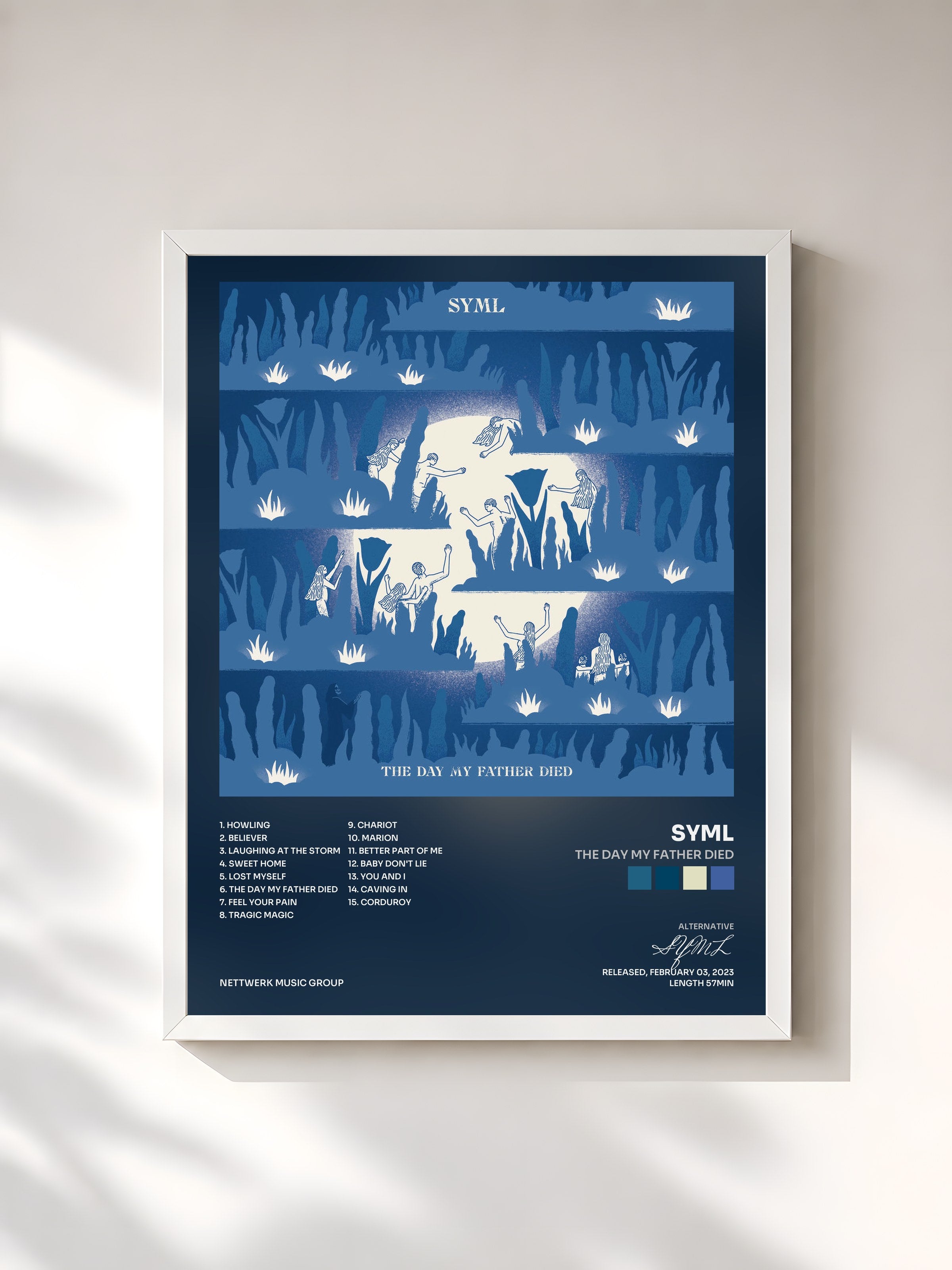 #blanc Tableau de l'album The Day My Father Died de SYML, cadre blanc, imprimé et encadré en France