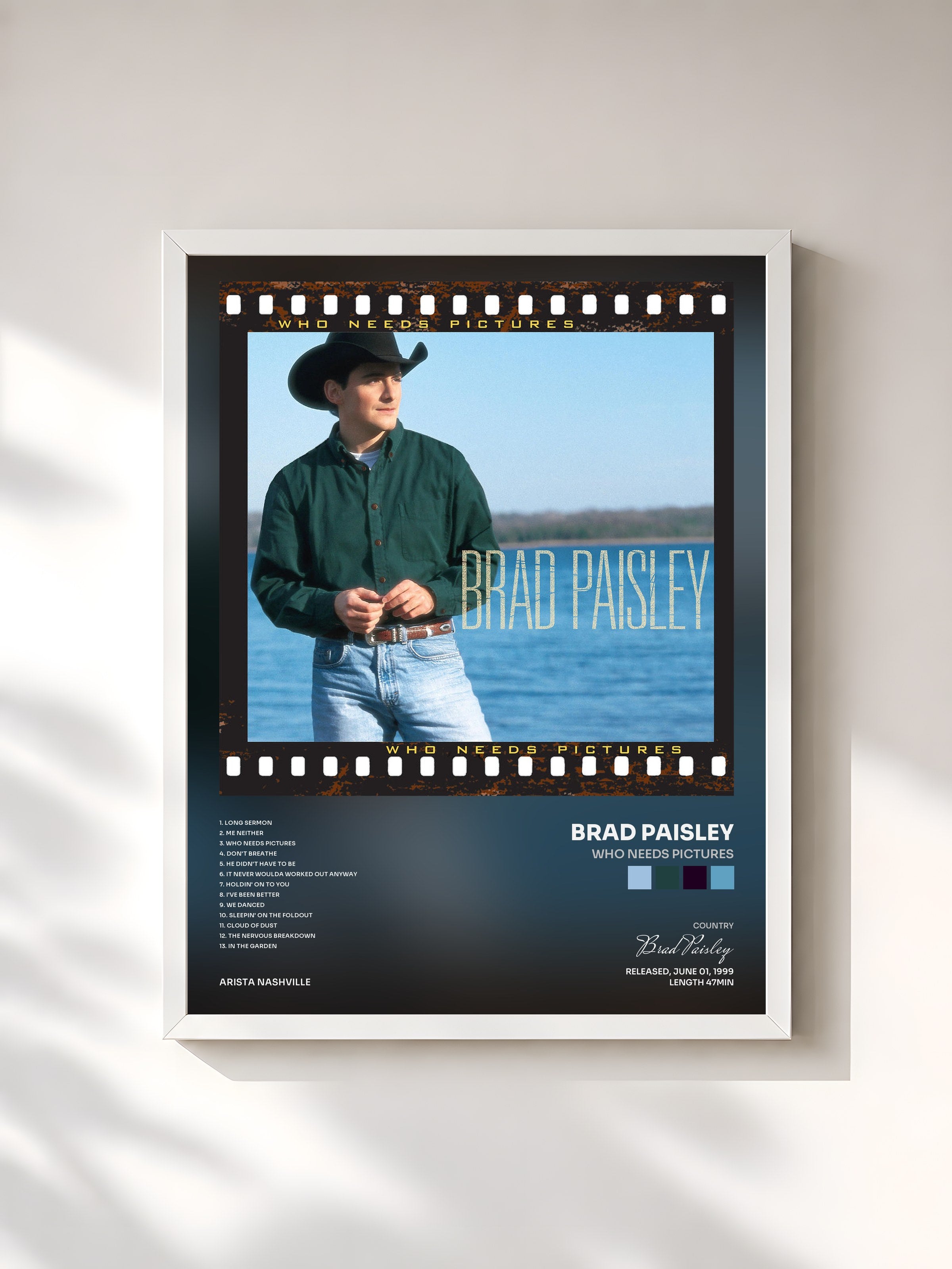 #blanc Tableau de l'album Who Needs Pictures de Brad Paisley, cadre blanc, imprimé et encadré en France