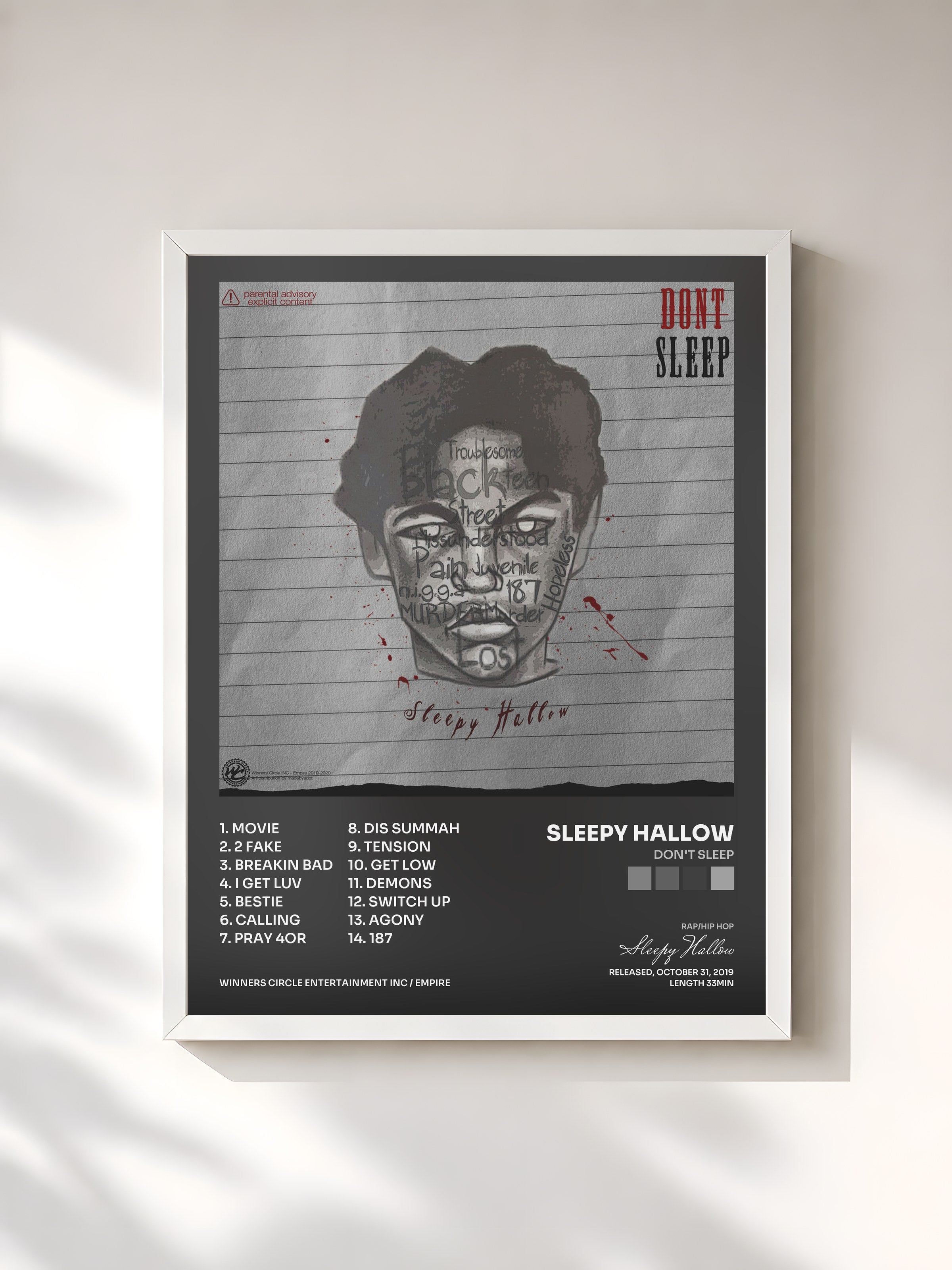 #blanc Tableau de l'album DON'T SLEEP de Sleepy Hallow, cadre blanc, imprimé et encadré en France