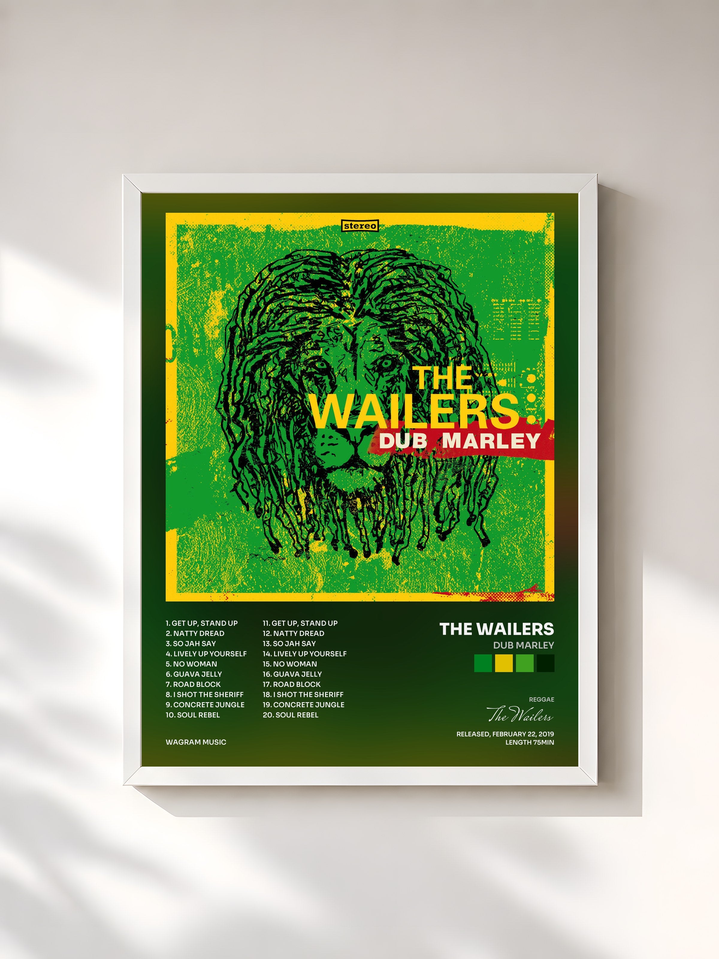 #blanc Tableau de l'album Dub Marley de The Wailers, cadre blanc, imprimé et encadré en France