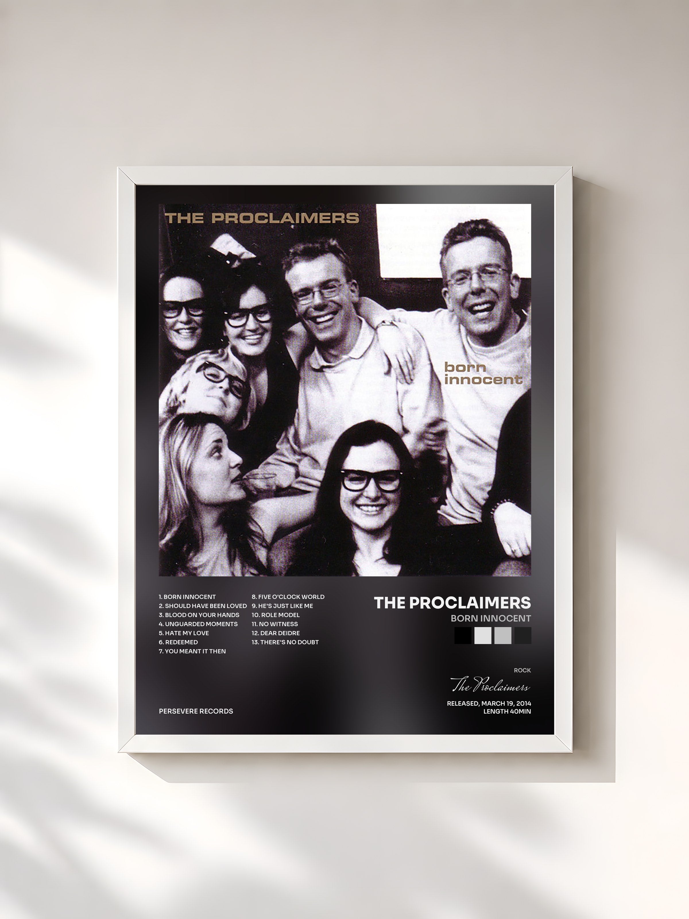 #blanc Tableau de l'album Born Innocent de The Proclaimers, cadre blanc, imprimé et encadré en France