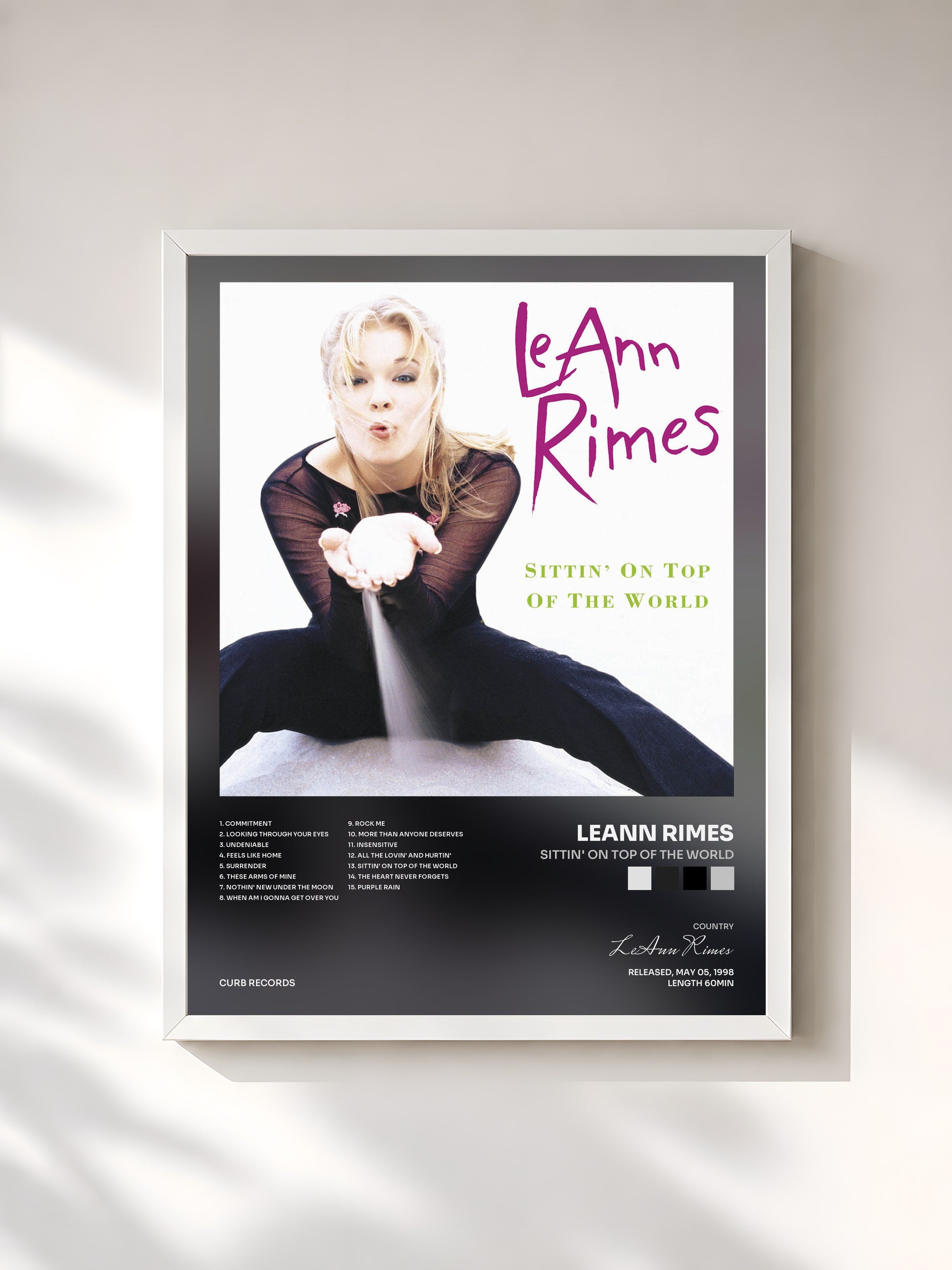 #blanc Tableau de l'album Sittin' On Top Of The World de LeAnn Rimes, cadre blanc, imprimé et encadré en France