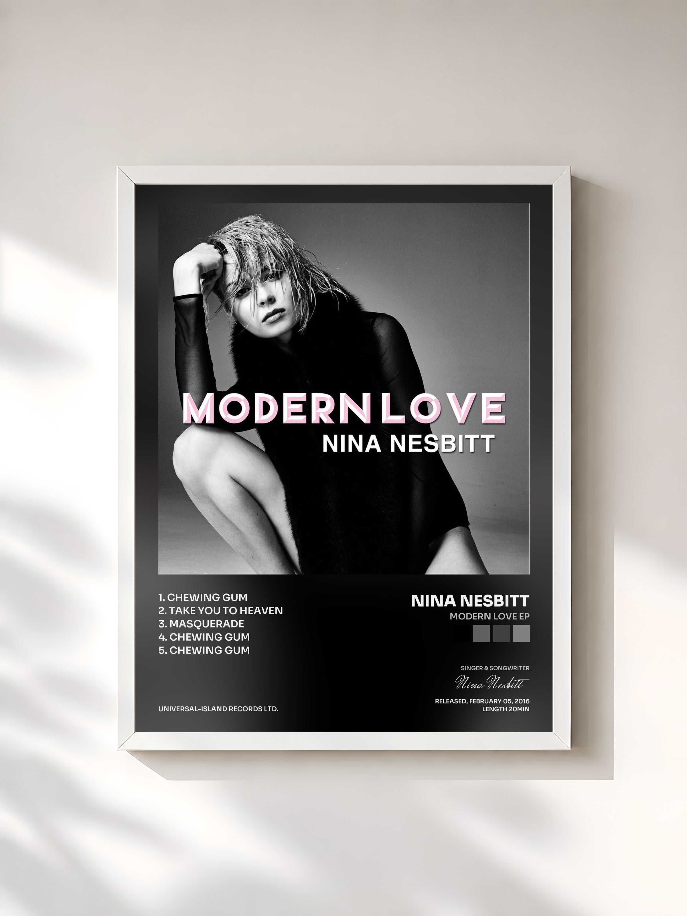 #blanc Tableau de l'album Modern Love EP de Nina Nesbitt, cadre blanc, imprimé et encadré en France
