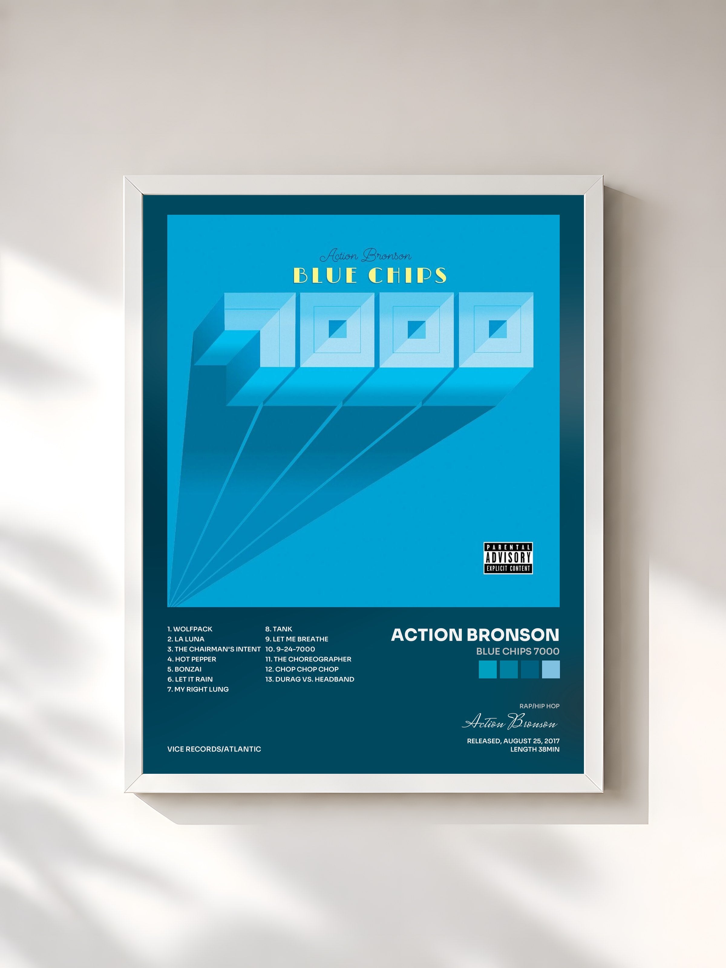 #blanc Tableau de l'album Blue Chips 7000 de Action Bronson, cadre blanc, imprimé et encadré en France
