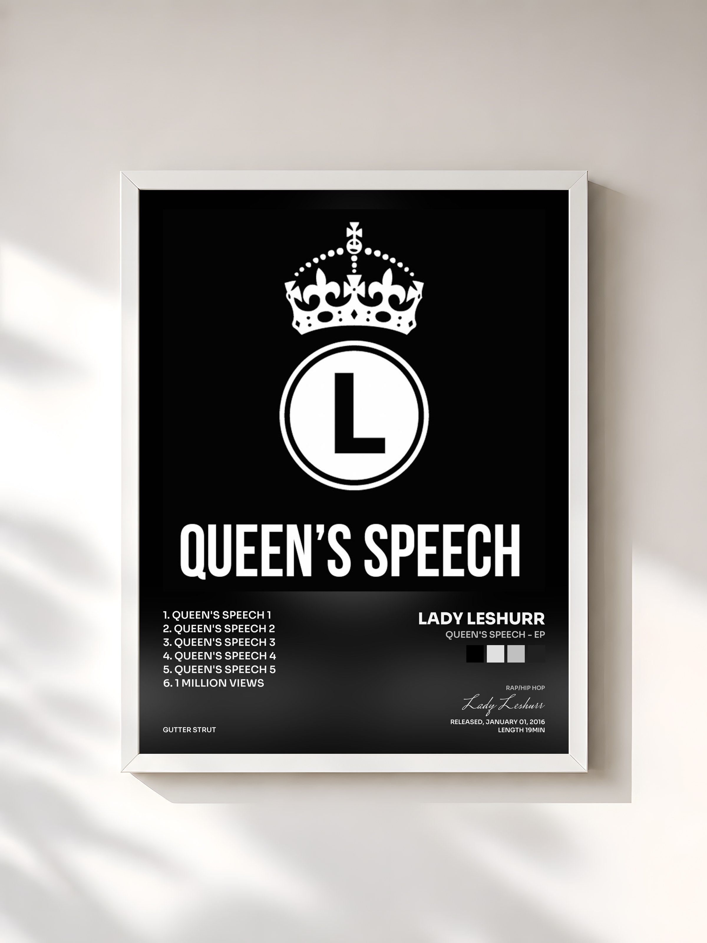 #blanc Tableau de l'album Queen's Speech - EP de Lady Leshurr, cadre blanc, imprimé et encadré en France