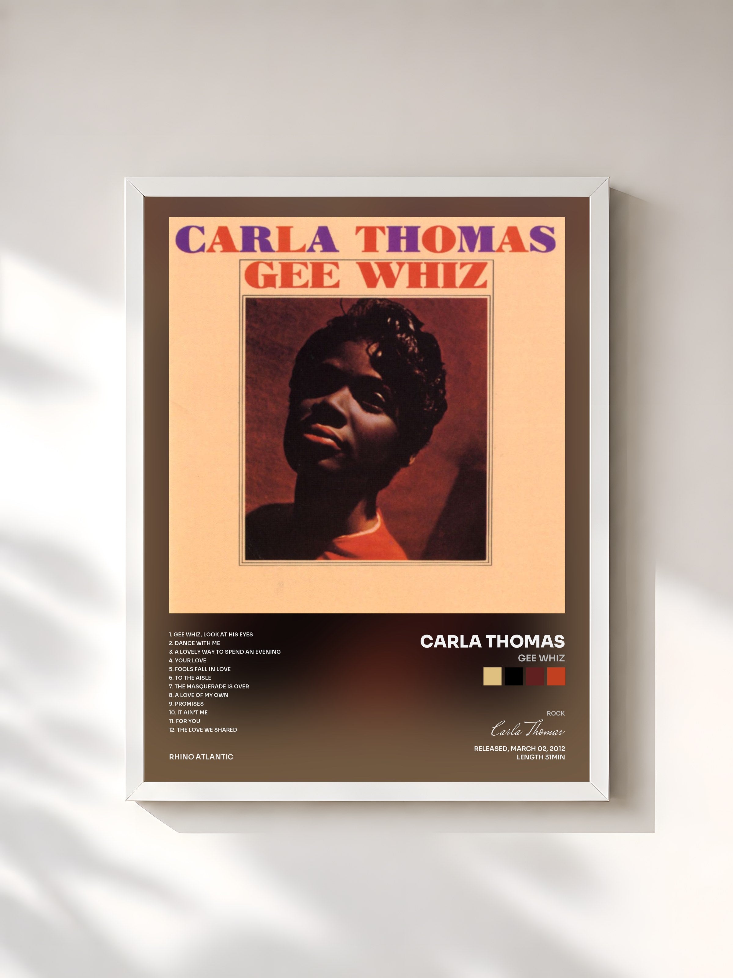 #blanc Tableau de l'album Gee Whiz de Carla Thomas, cadre blanc, imprimé et encadré en France
