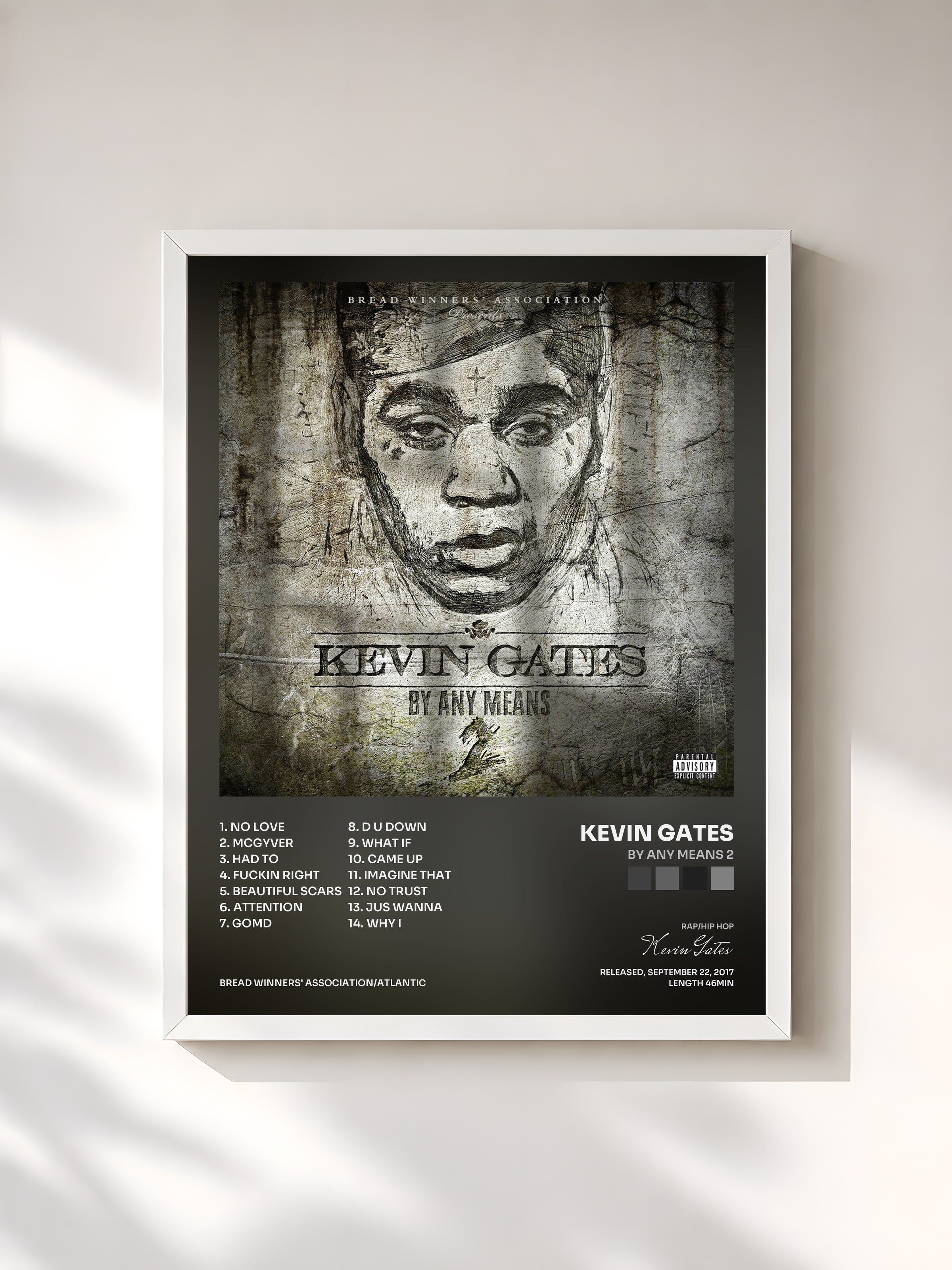 #blanc Tableau de l'album By Any Means 2 de Kevin Gates, cadre blanc, imprimé et encadré en France