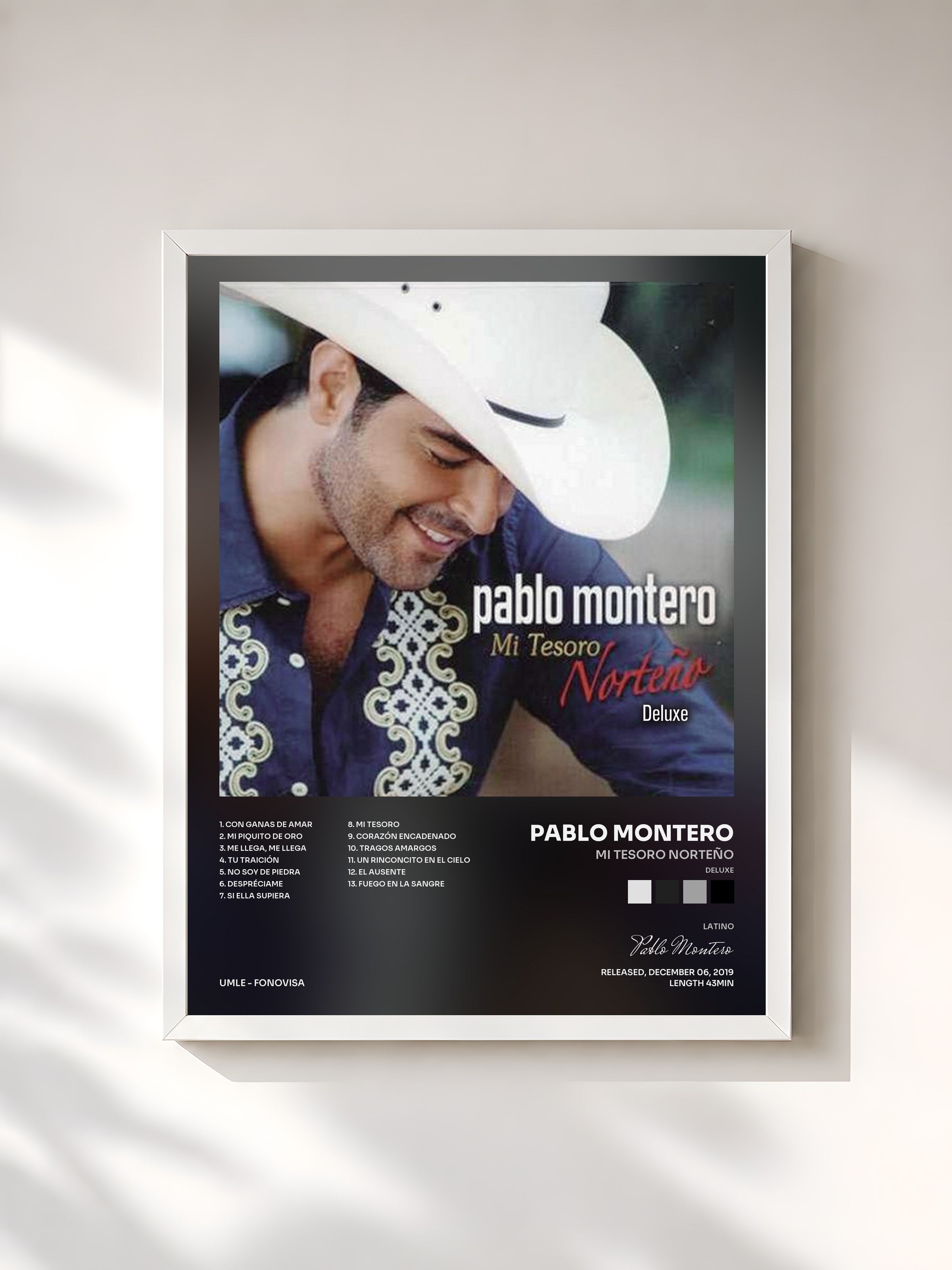 #blanc Tableau de l'album Mi Tesoro Norteño (Deluxe) de Pablo Montero, cadre blanc, imprimé et encadré en France