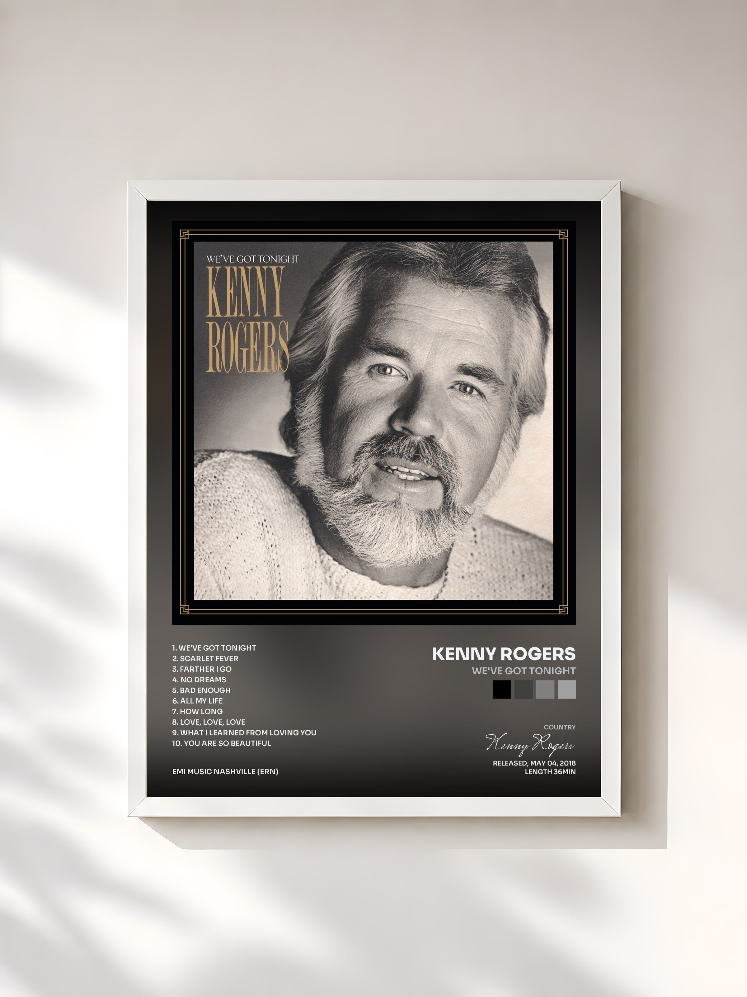 #blanc Tableau de l'album We've Got Tonight de Kenny Rogers, cadre blanc, imprimé et encadré en France