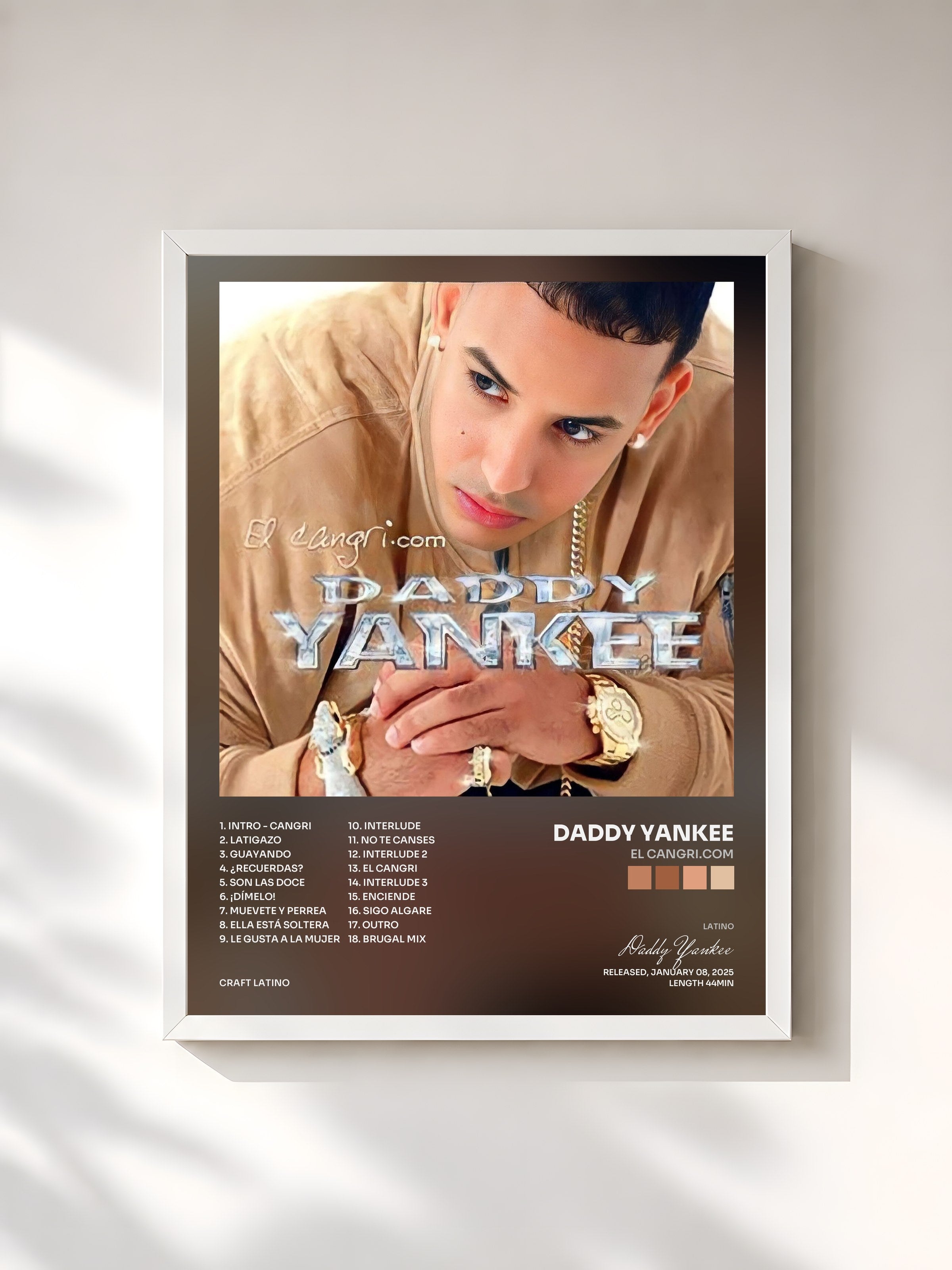 #blanc Tableau de l'album El Cangri.com de Daddy Yankee, cadre blanc, imprimé et encadré en France