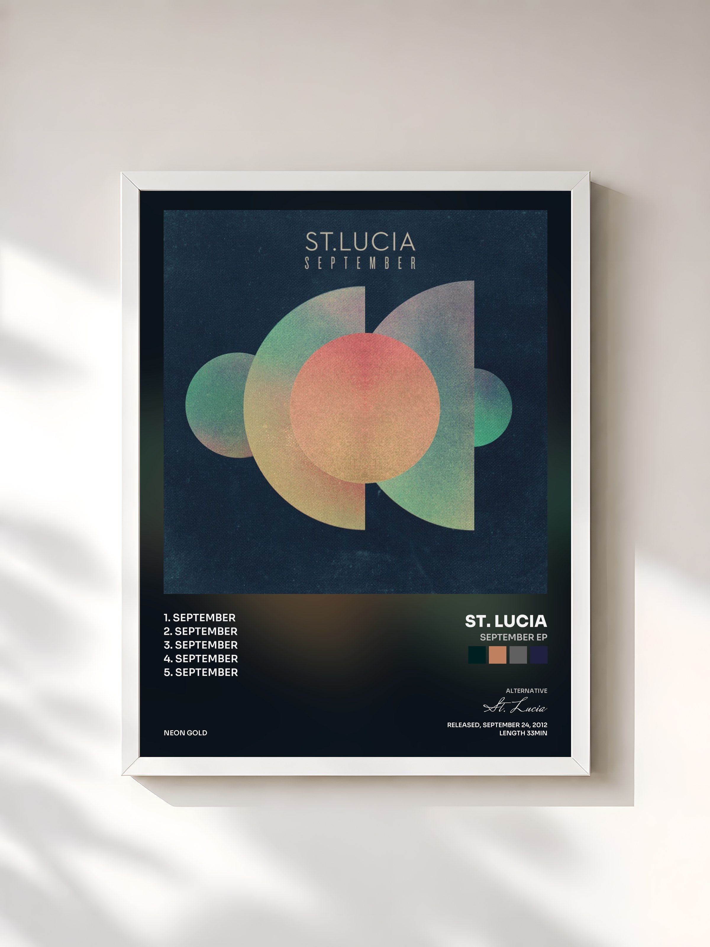 #blanc Tableau de l'album September EP de St. Lucia, cadre blanc, imprimé et encadré en France
