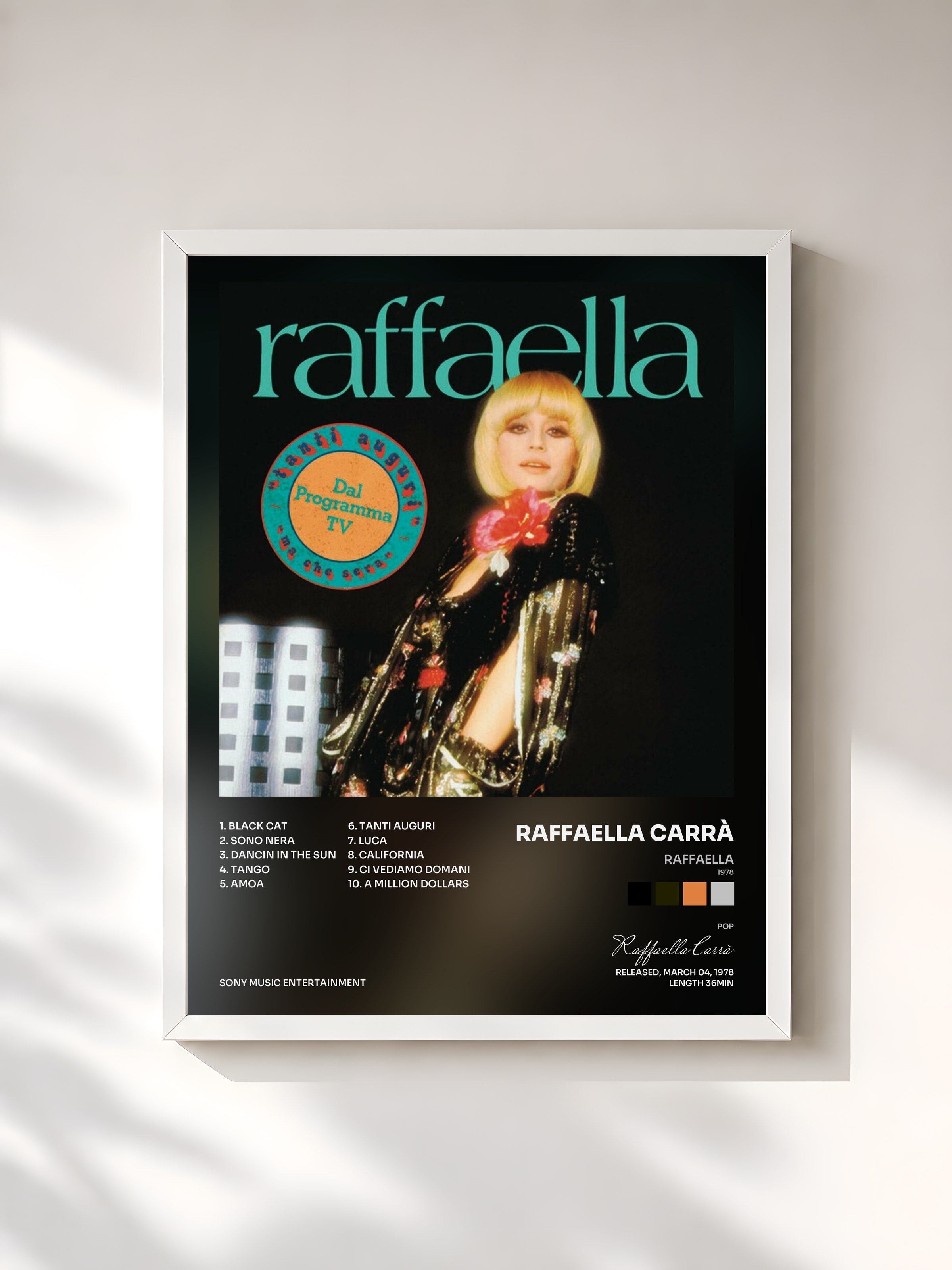 #blanc Tableau de l'album Raffaella (1978) de Raffaella Carrà, cadre blanc, imprimé et encadré en France
