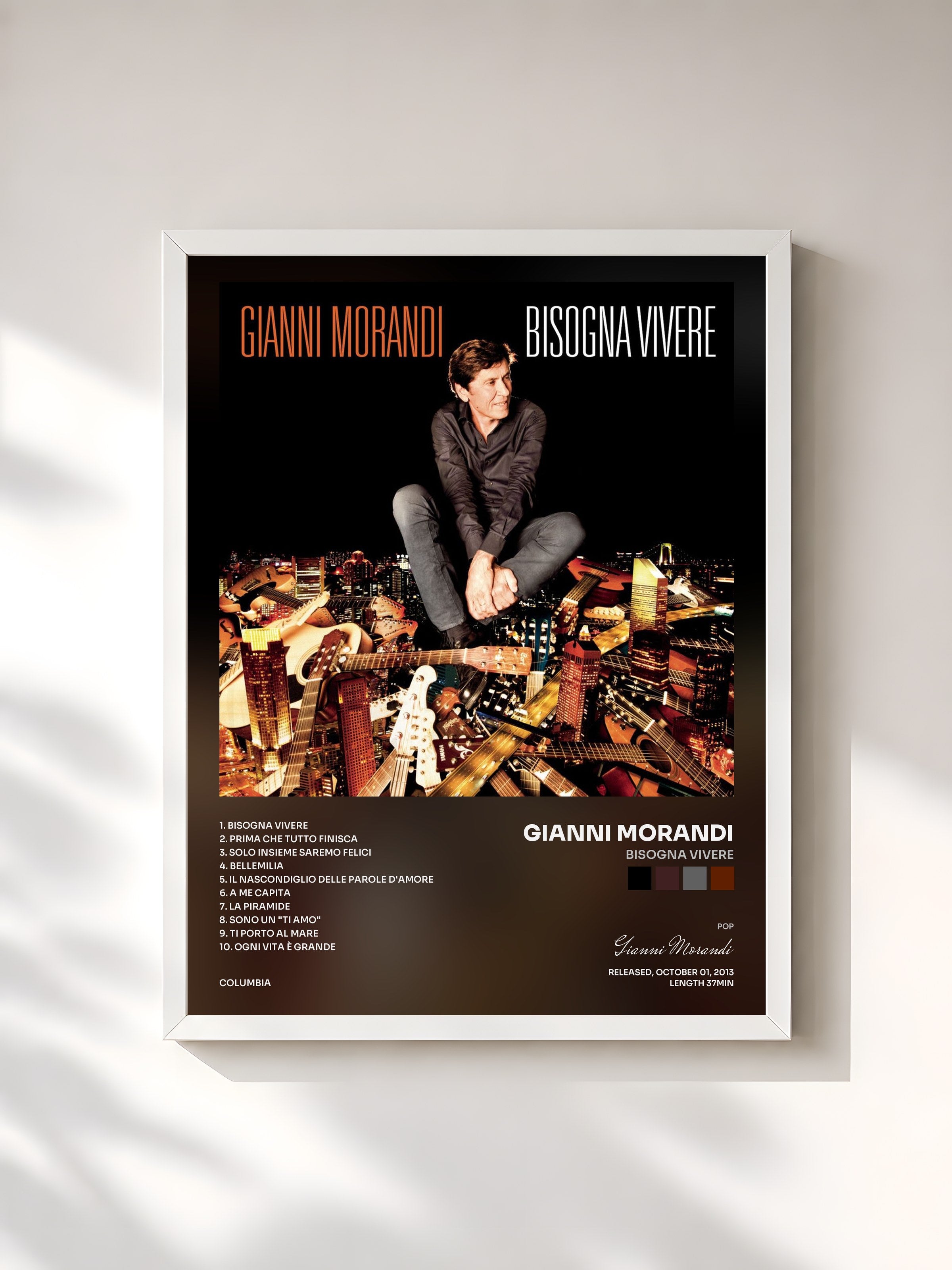#blanc Tableau de l'album Bisogna vivere de Gianni Morandi, cadre blanc, imprimé et encadré en France