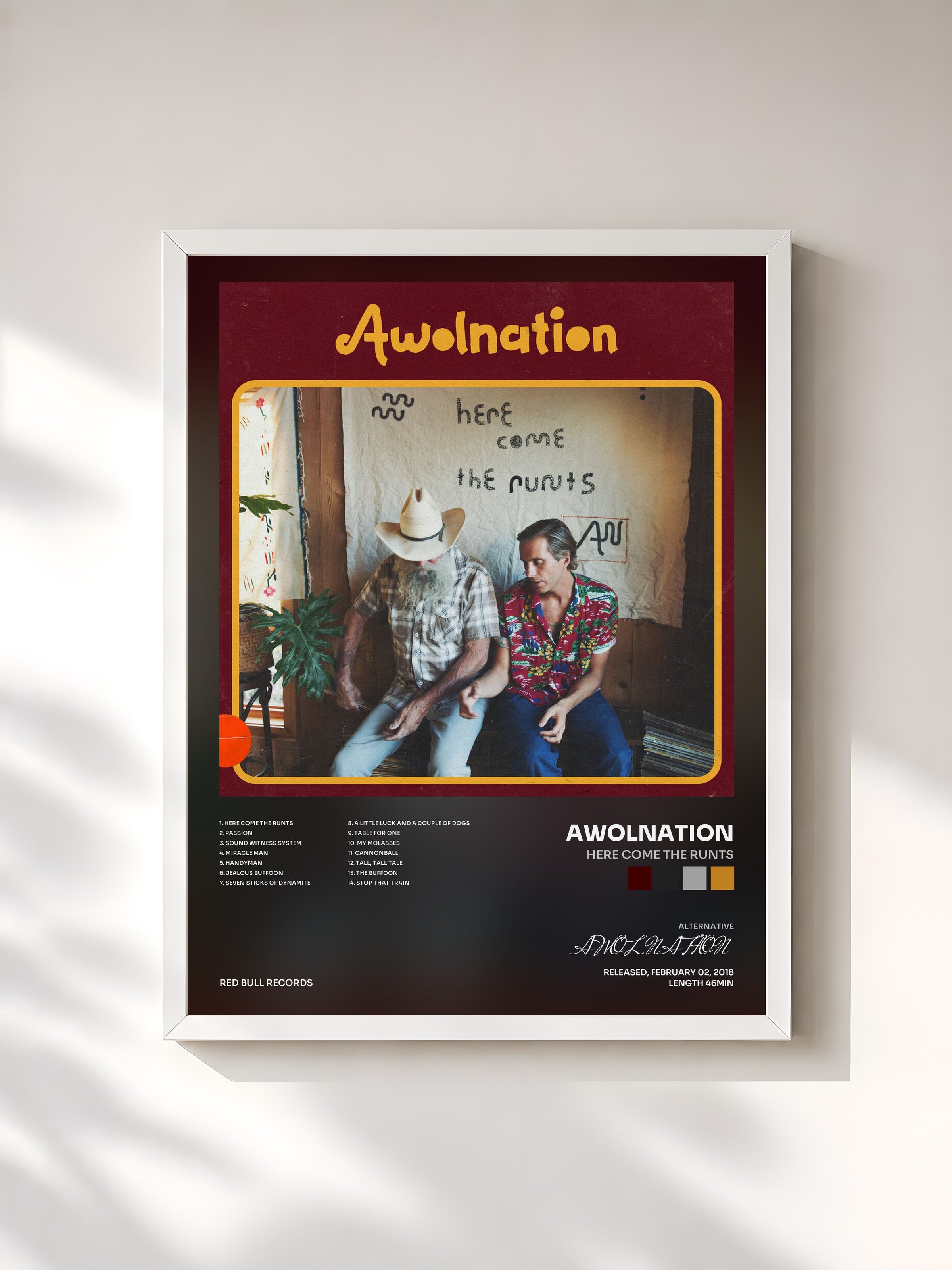 #blanc Tableau de l'album Here Come the Runts de AWOLNATION, cadre blanc, imprimé et encadré en France
