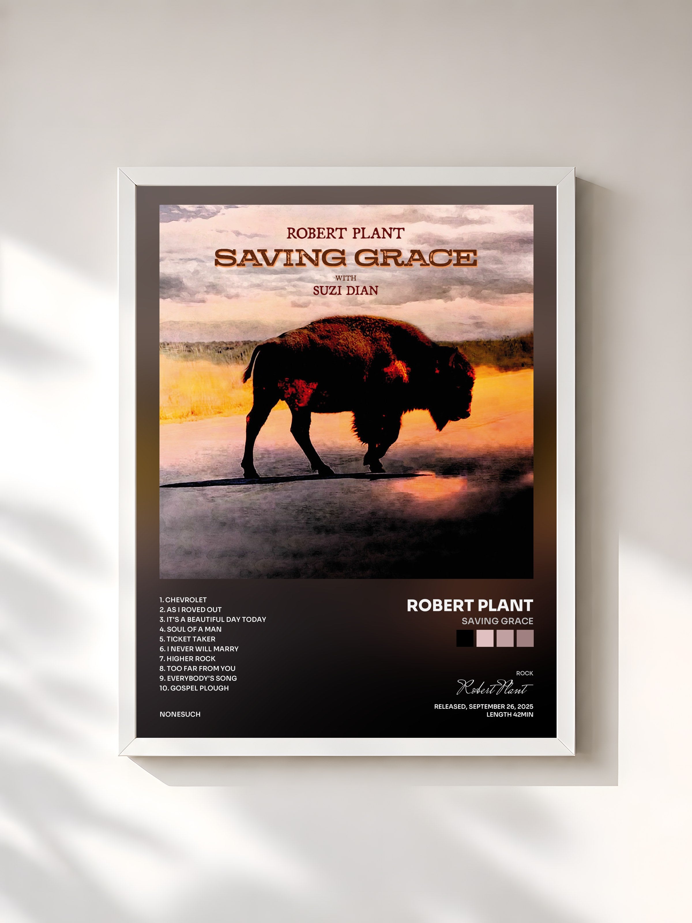 #blanc Tableau de l'album Saving Grace de Robert Plant, cadre blanc, imprimé et encadré en France