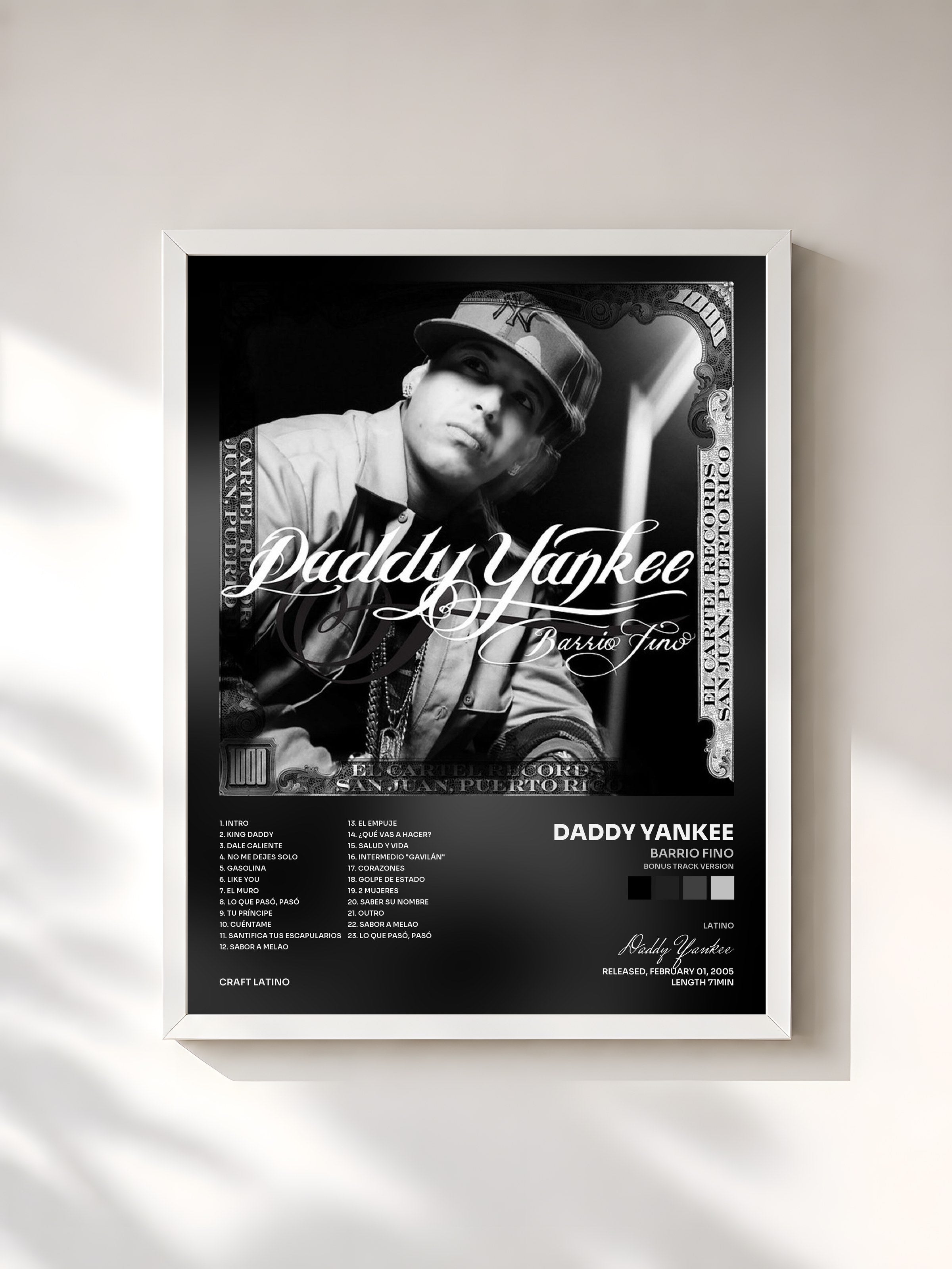#blanc Tableau de l'album Barrio Fino (Bonus Track Version) de Daddy Yankee, cadre blanc, imprimé et encadré en France