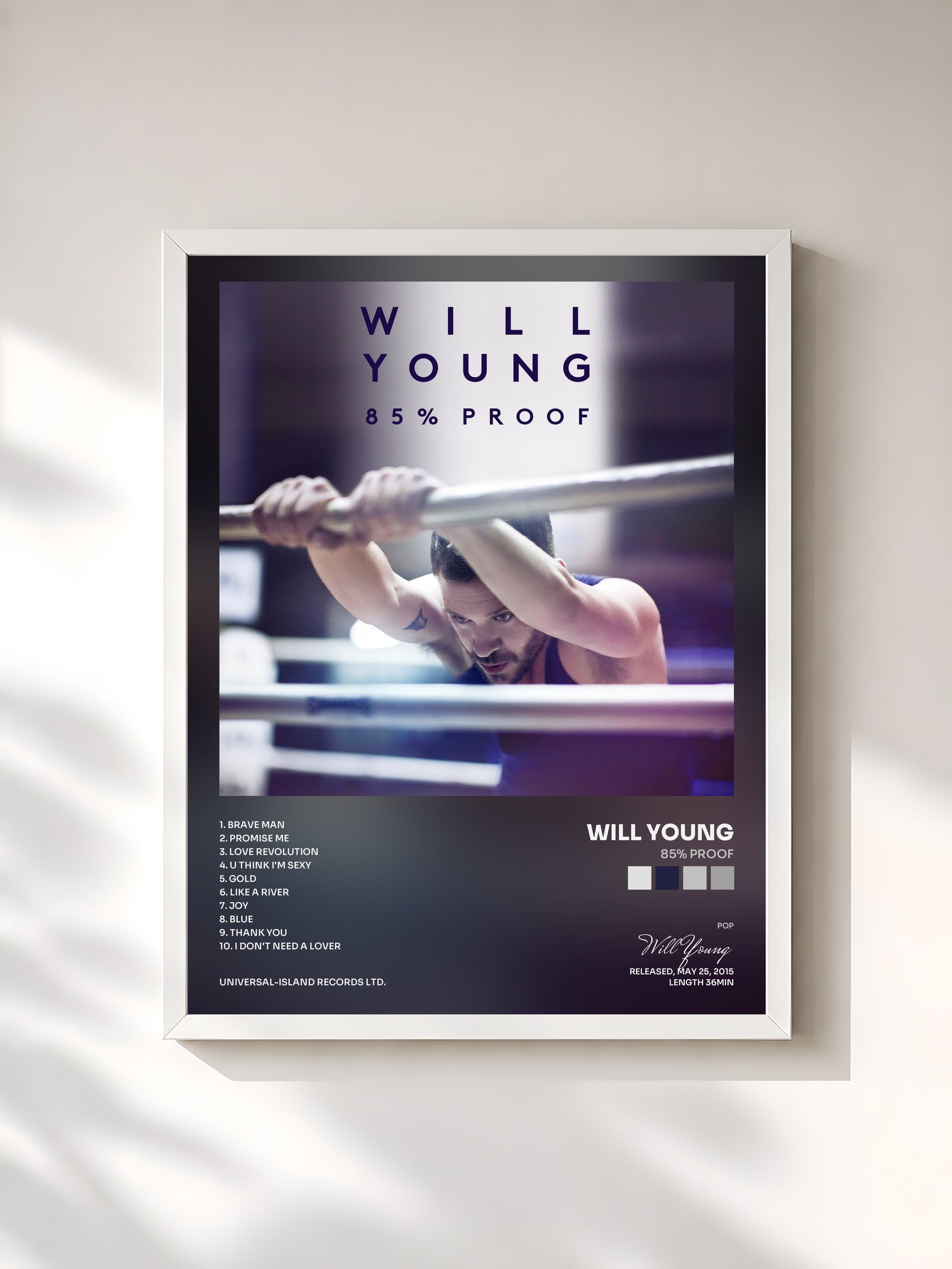 #blanc Tableau de l'album 85% Proof de Will Young, cadre blanc, imprimé et encadré en France
