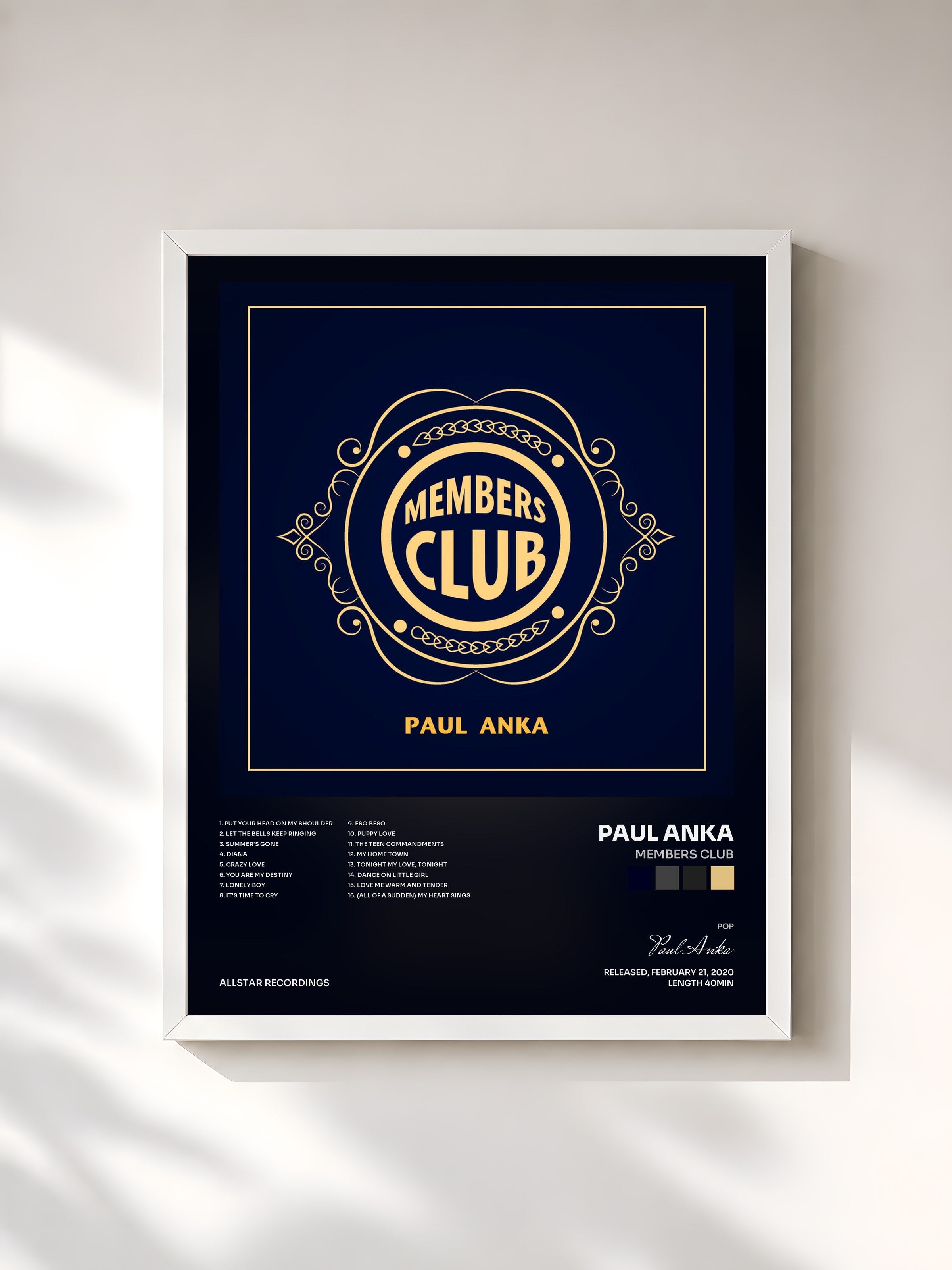 #blanc Tableau de l'album Members Club de Paul Anka, cadre blanc, imprimé et encadré en France