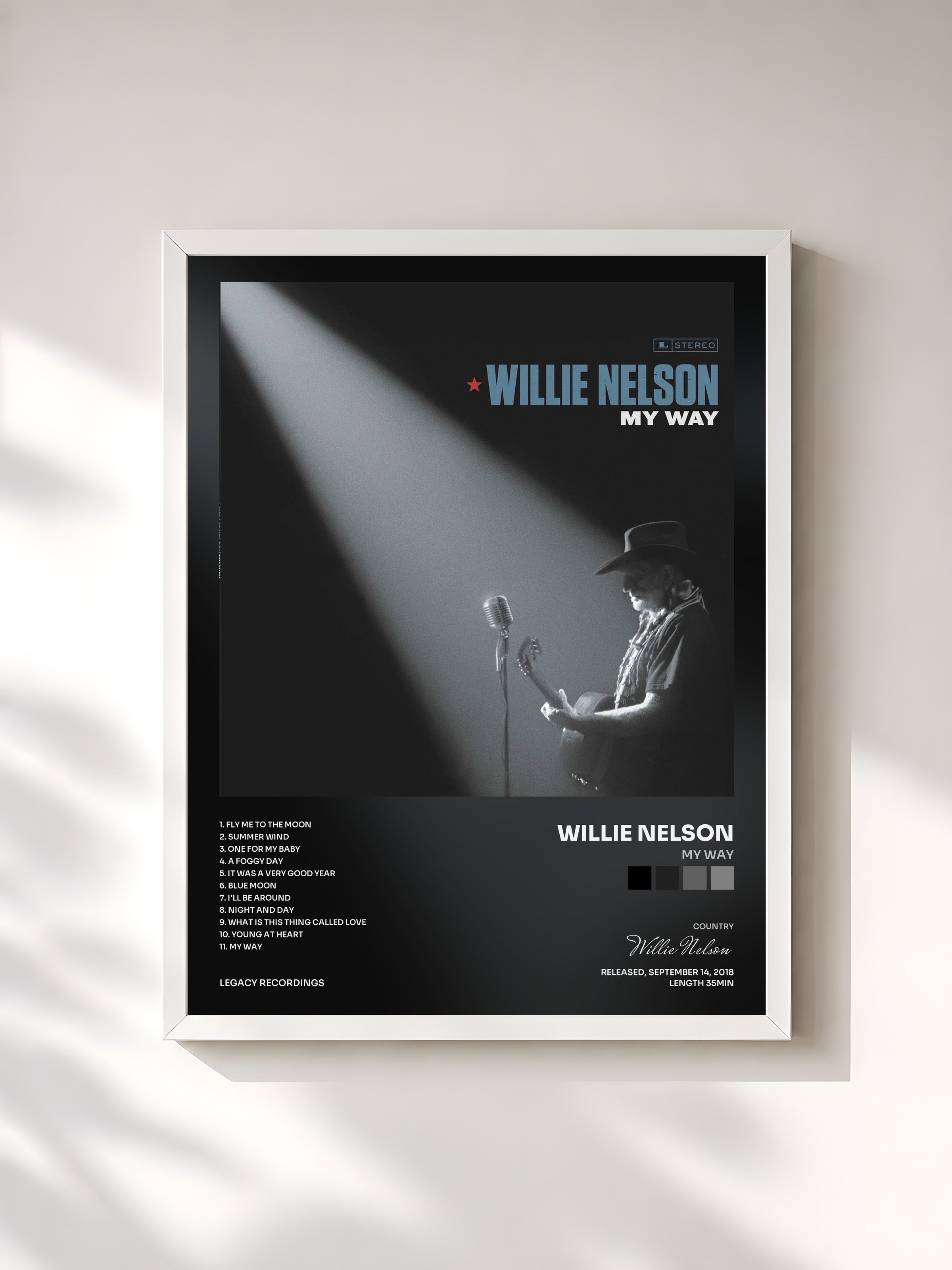 #blanc Tableau de l'album My Way de Willie Nelson, cadre blanc, imprimé et encadré en France