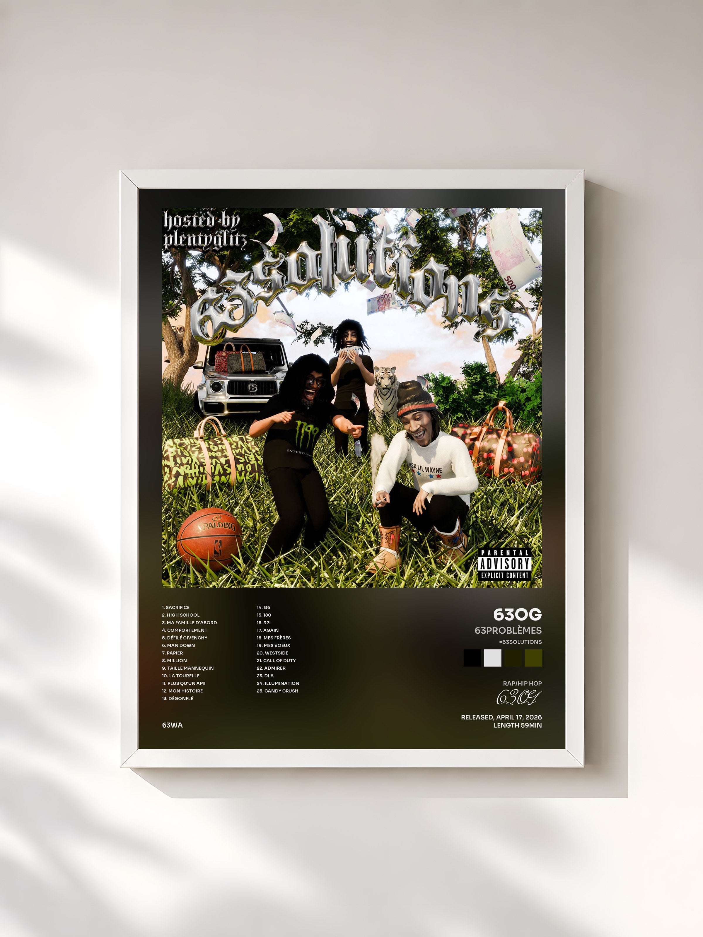 #blanc Tableau de l'album 63PROBLÈMES (=63SOLUTIONS) de 63OG, cadre blanc, imprimé et encadré en France