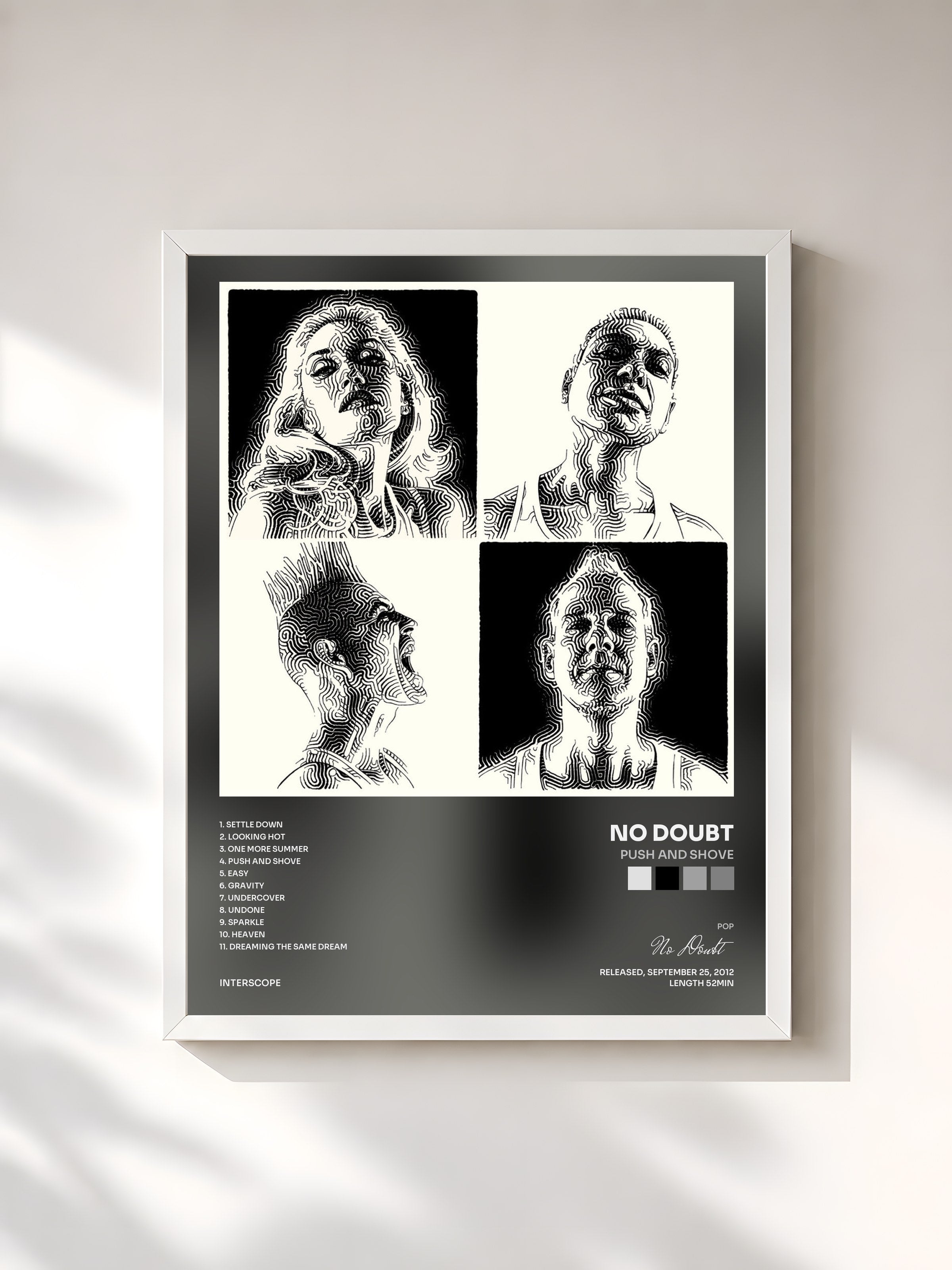 #blanc Tableau de l'album Push And Shove de No Doubt, cadre blanc, imprimé et encadré en France
