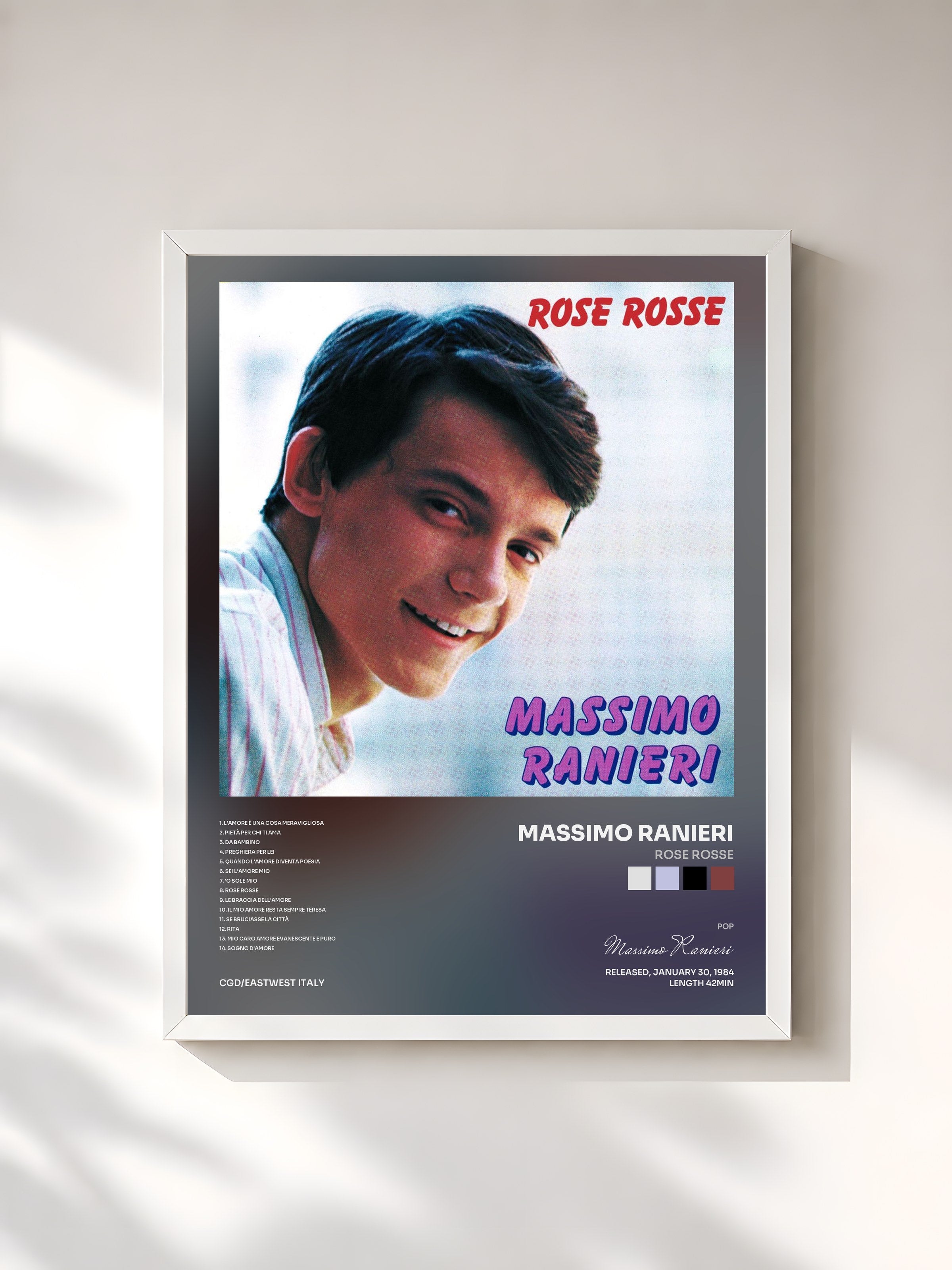 #blanc Tableau de l'album Rose Rosse de Massimo Ranieri, cadre blanc, imprimé et encadré en France