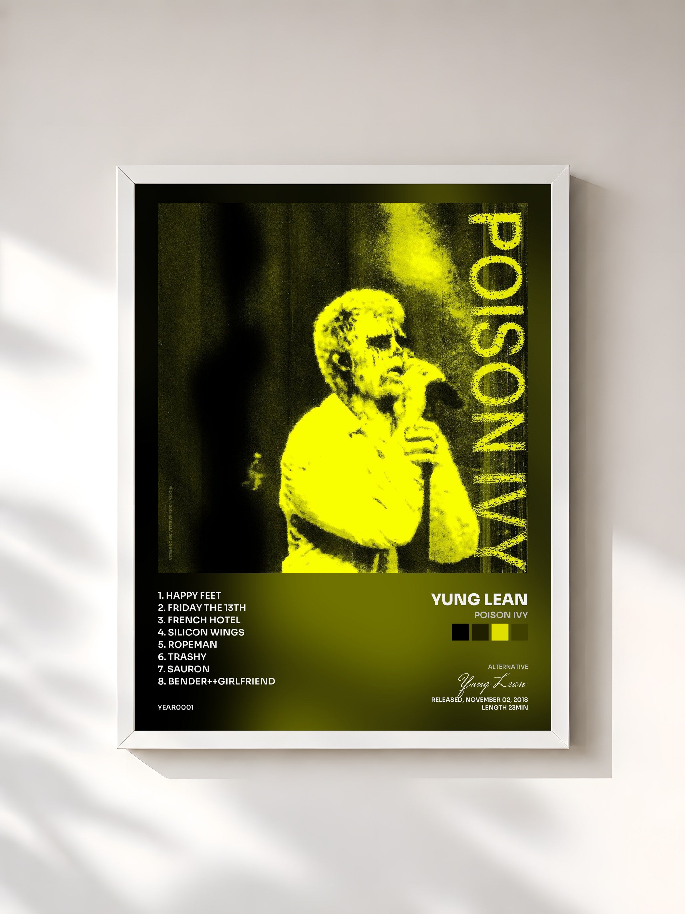#blanc Tableau de l'album Poison Ivy de Yung Lean, cadre blanc, imprimé et encadré en France