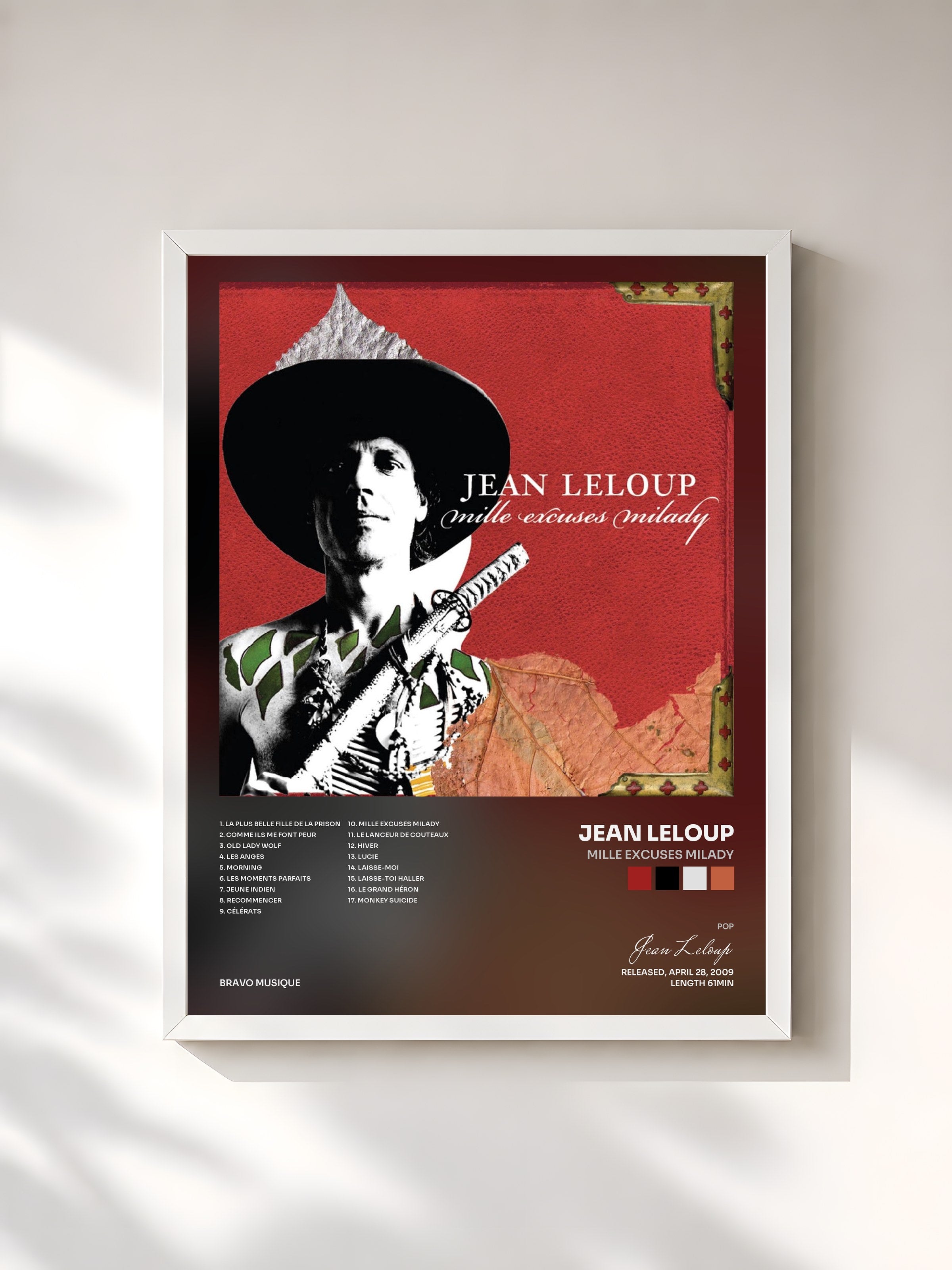 #blanc Tableau de l'album Mille excuses Milady de Jean Leloup, cadre blanc, imprimé et encadré en France