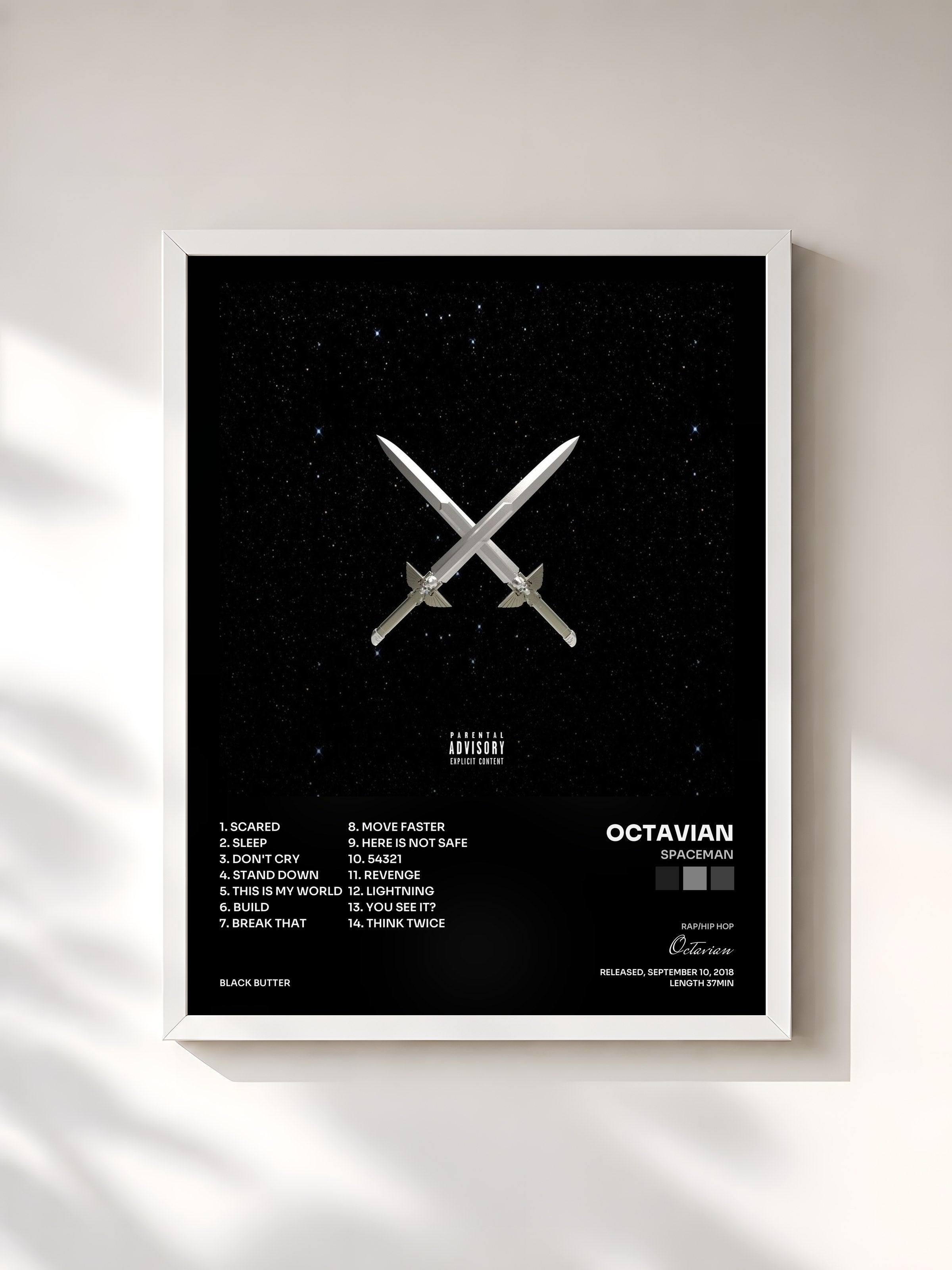 #blanc Tableau de l'album SPACEMAN de Octavian, cadre blanc, imprimé et encadré en France