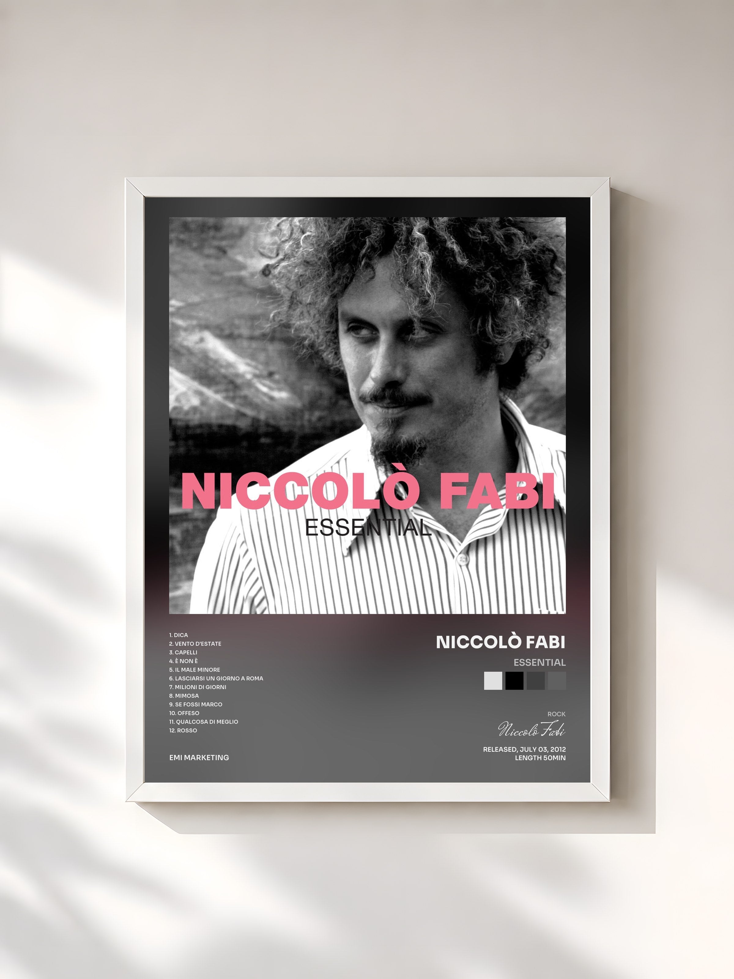 #blanc Tableau de l'album Essential de Niccolò Fabi, cadre blanc, imprimé et encadré en France