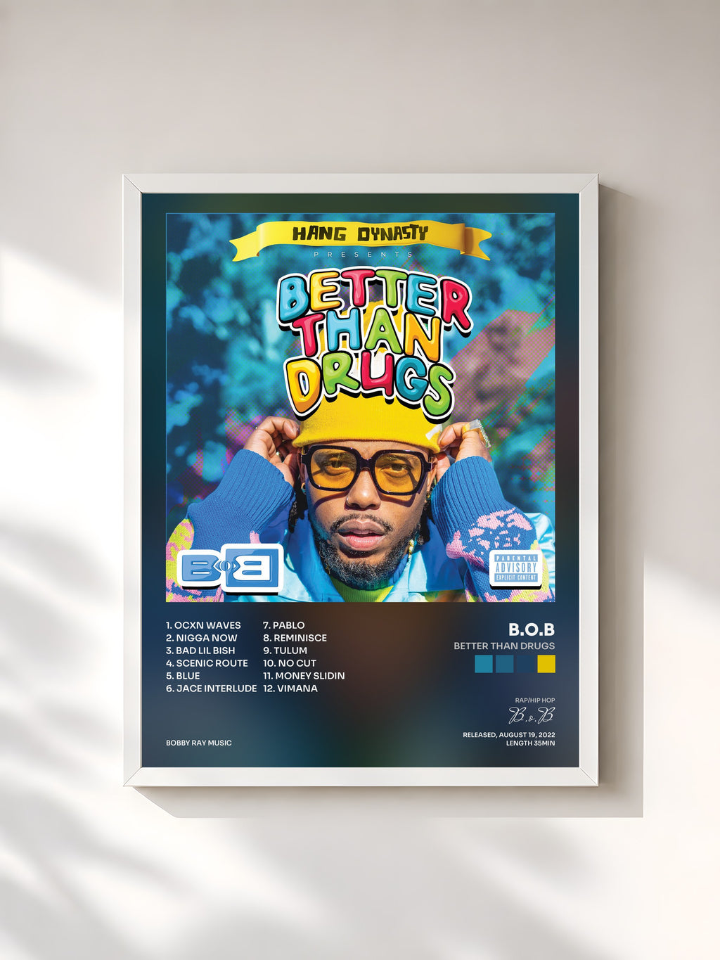 #blanc Tableau de l'album Better Than Drugs de B.o.B, cadre blanc, imprimé et encadré en France