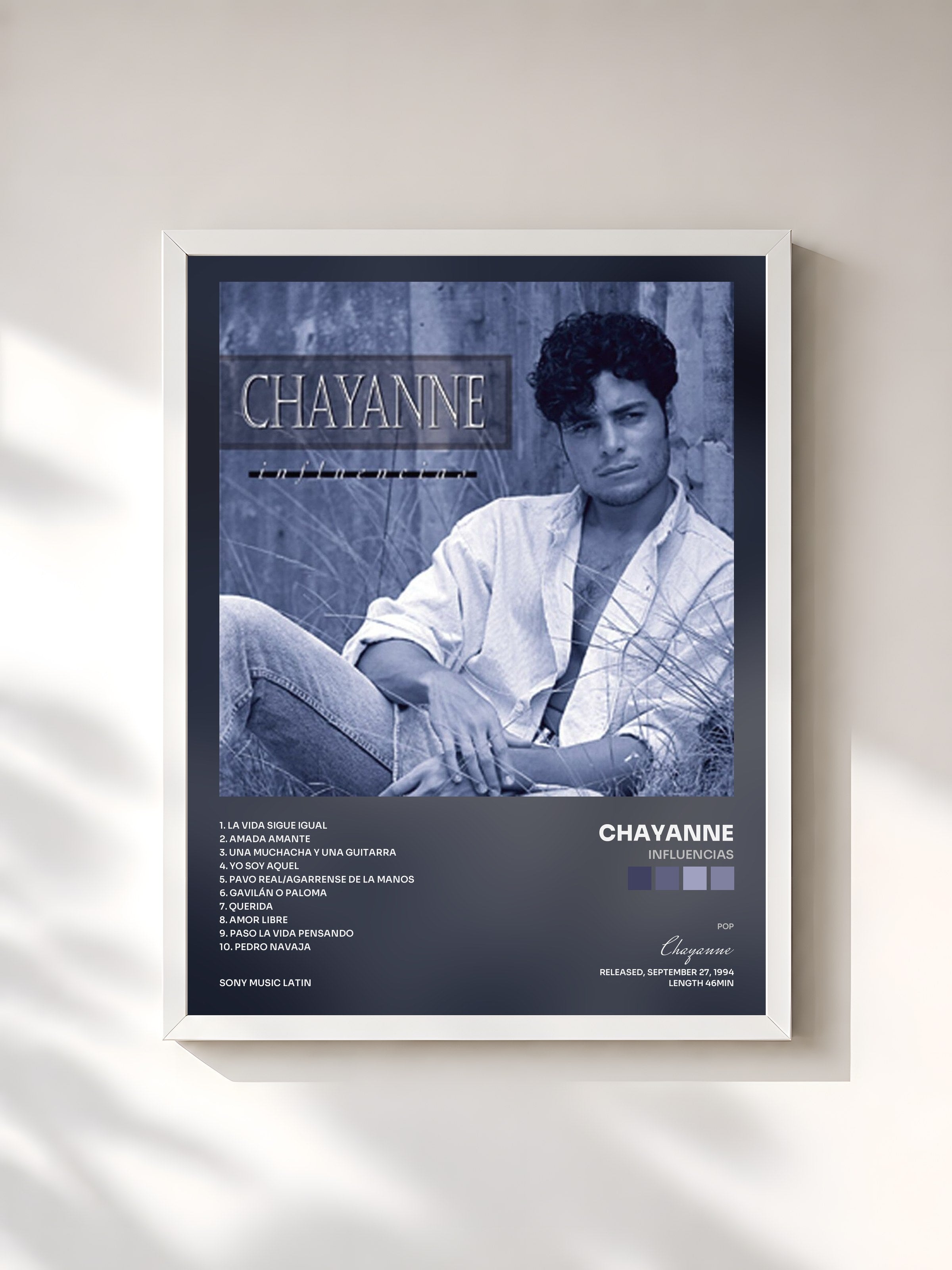 #blanc Tableau de l'album Influencias de Chayanne, cadre blanc, imprimé et encadré en France