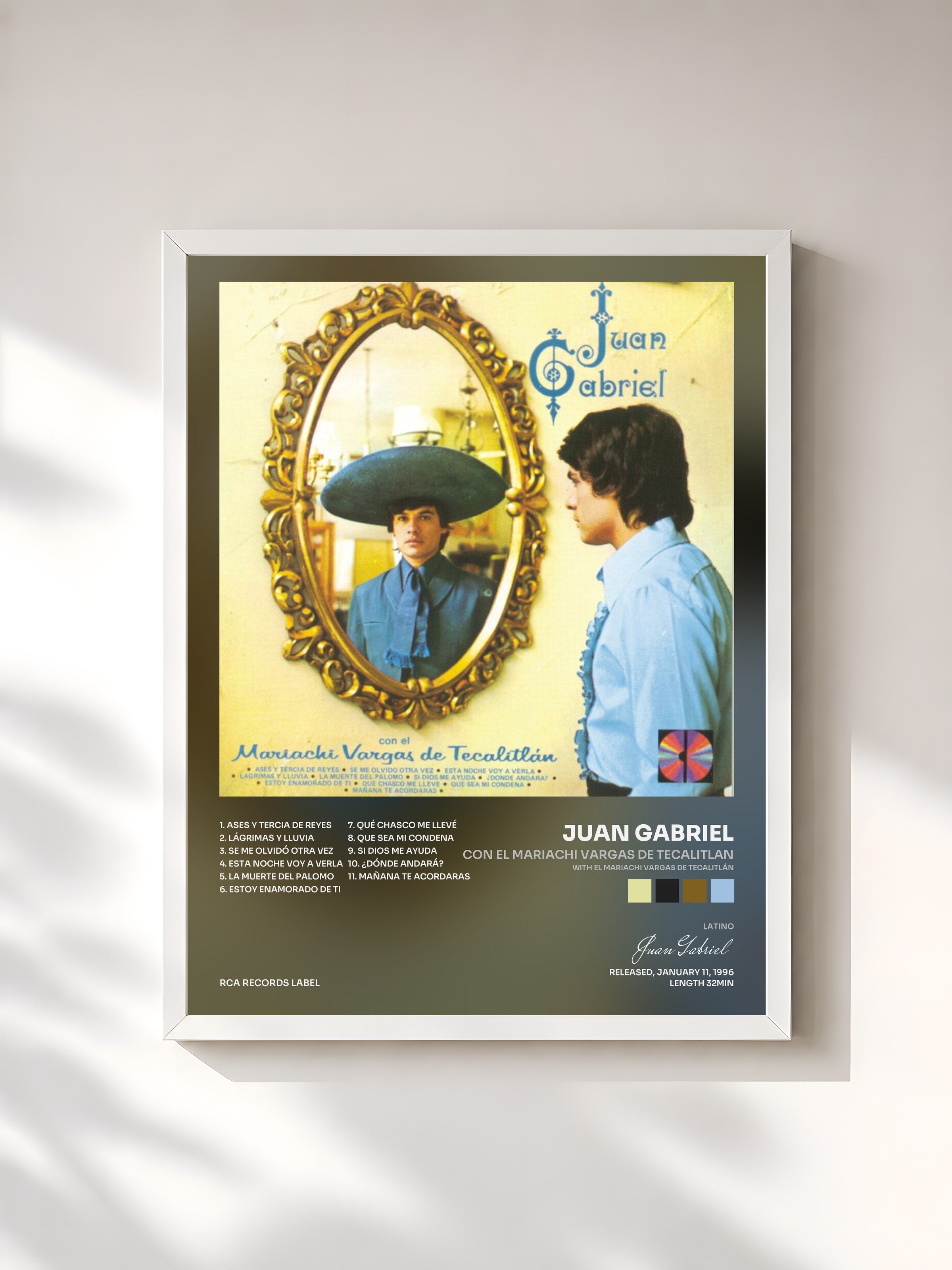 #blanc Tableau de l'album Con El Mariachi Vargas De Tecalitlan (with El Mariachi Vargas de Tecalitlán) de Juan Gabriel, cadre blanc, imprimé et encadré en France