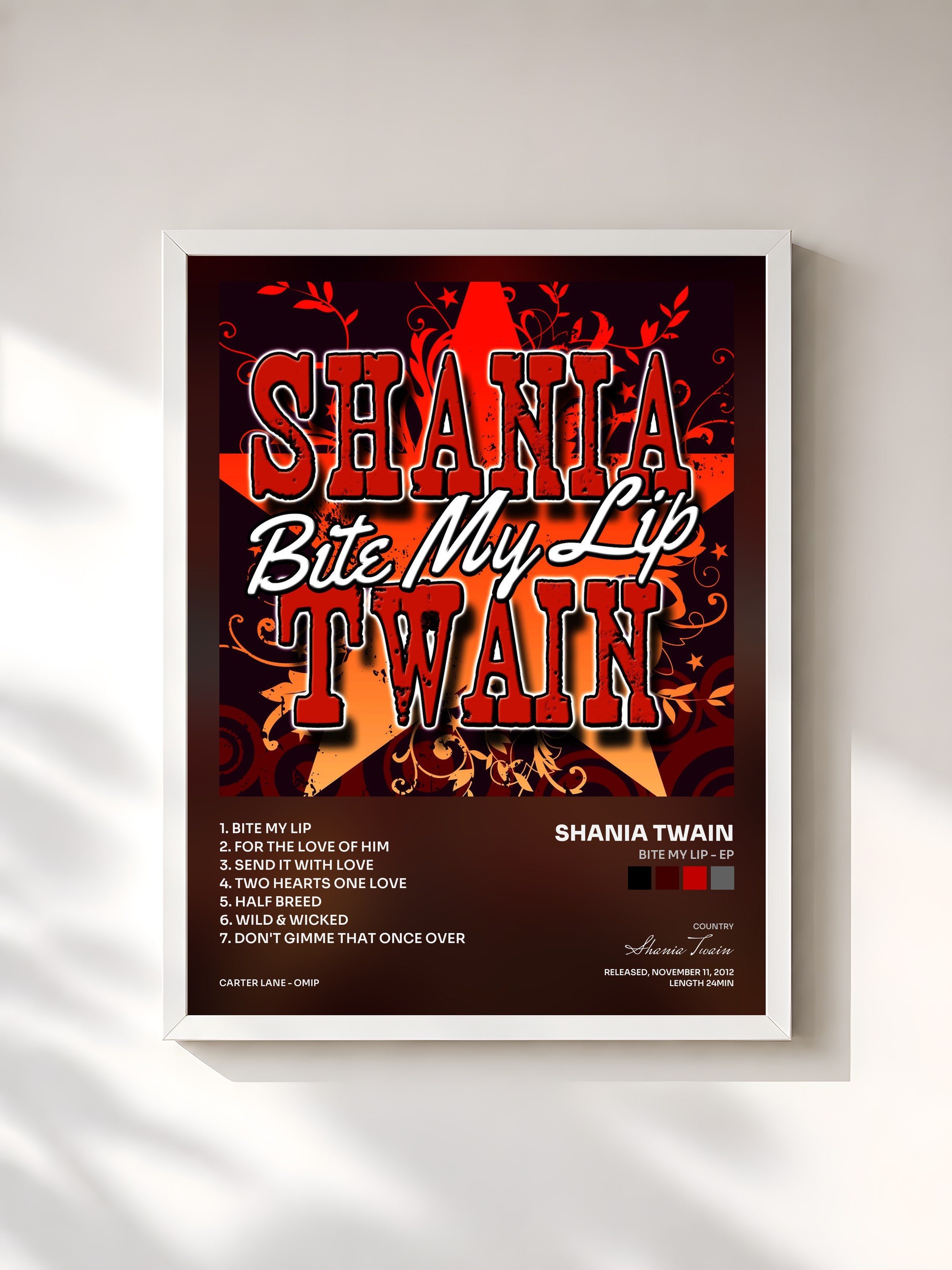 #blanc Tableau de l'album Bite My Lip - EP de Shania Twain, cadre blanc, imprimé et encadré en France