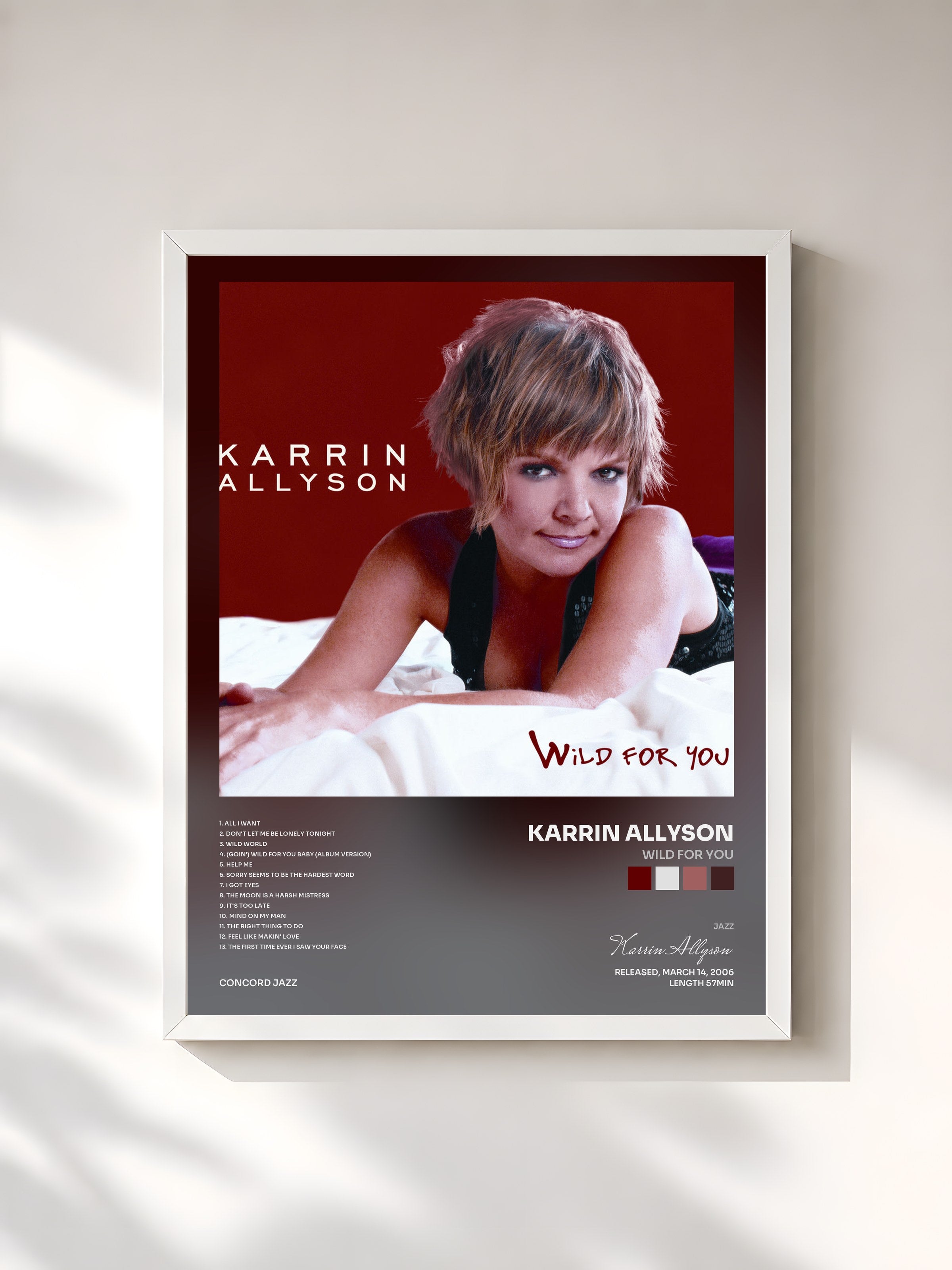 #blanc Tableau de l'album Wild For You de Karrin Allyson, cadre blanc, imprimé et encadré en France