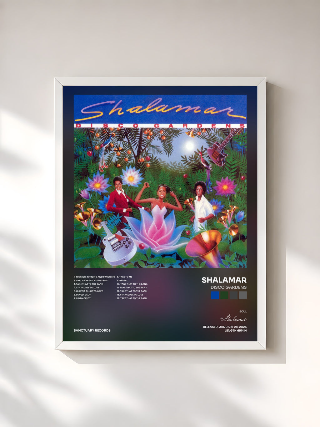 #blanc Tableau de l'album Disco Gardens de Shalamar, cadre blanc, imprimé et encadré en France