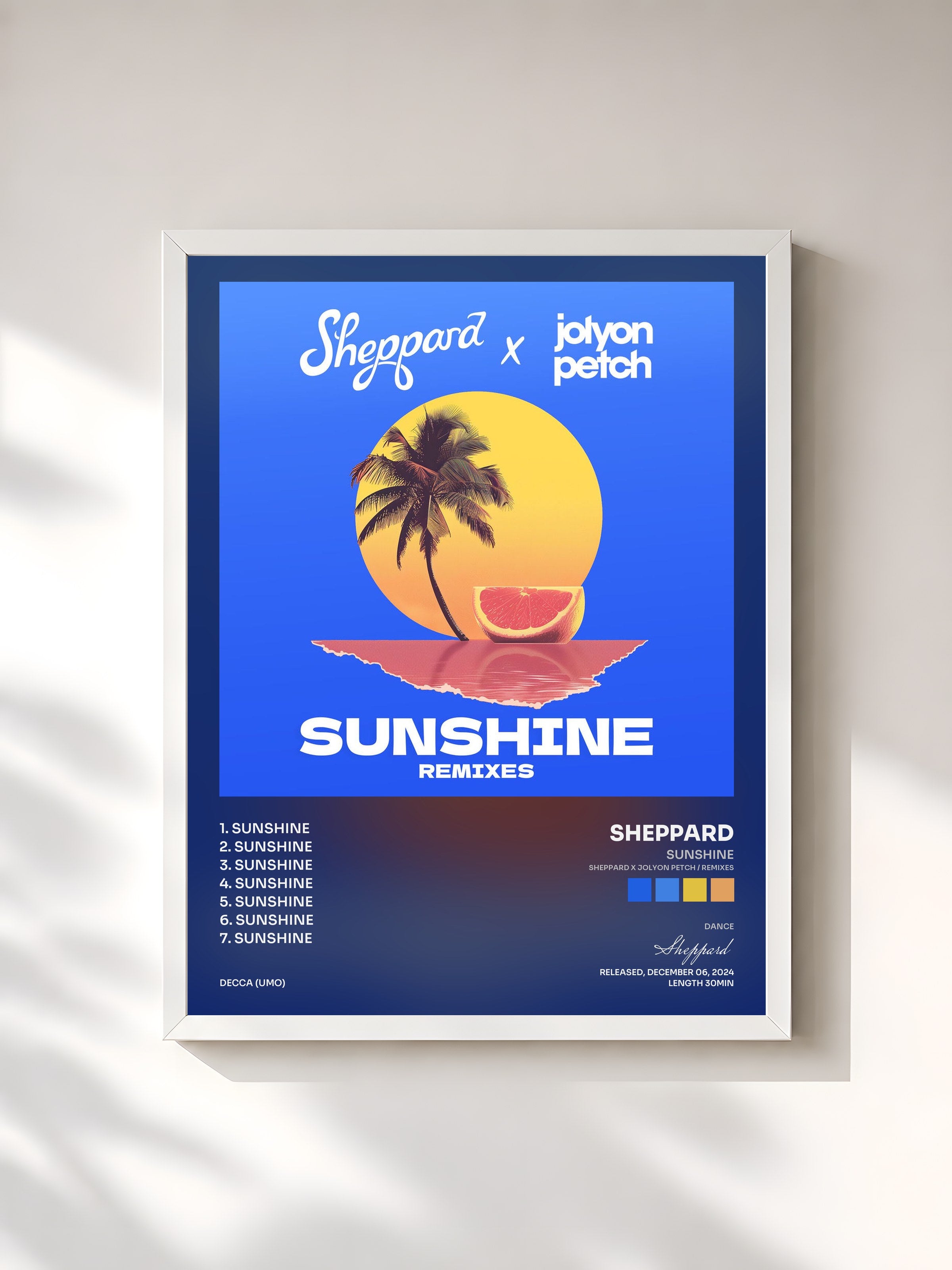 #blanc Tableau de l'album Sunshine (Sheppard x Jolyon Petch / Remixes) de Sheppard, cadre blanc, imprimé et encadré en France
