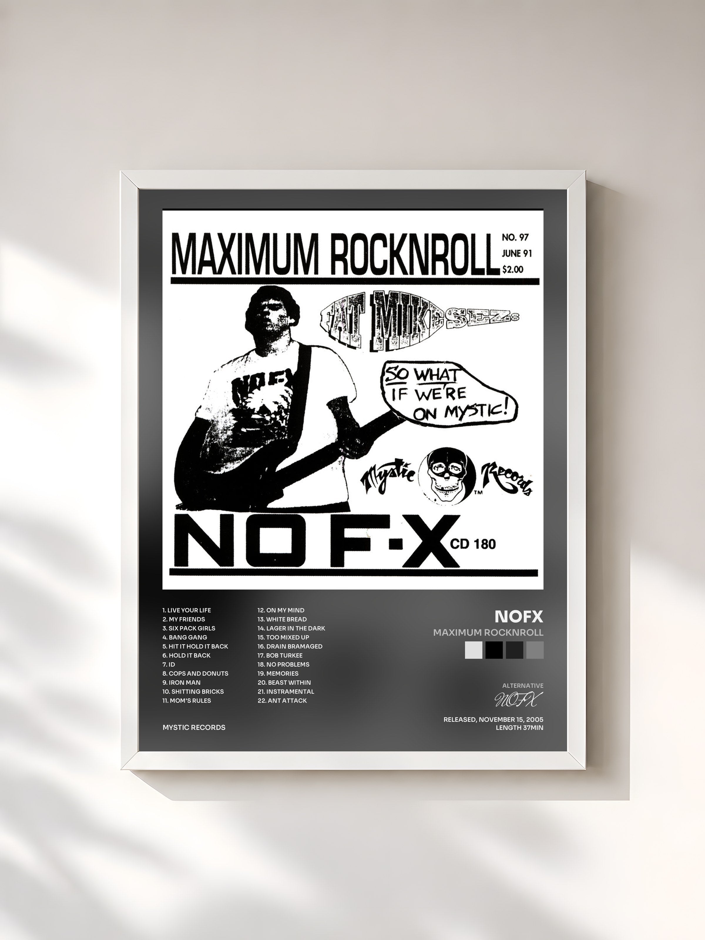 #blanc Tableau de l'album Maximum Rocknroll de NOFX, cadre blanc, imprimé et encadré en France
