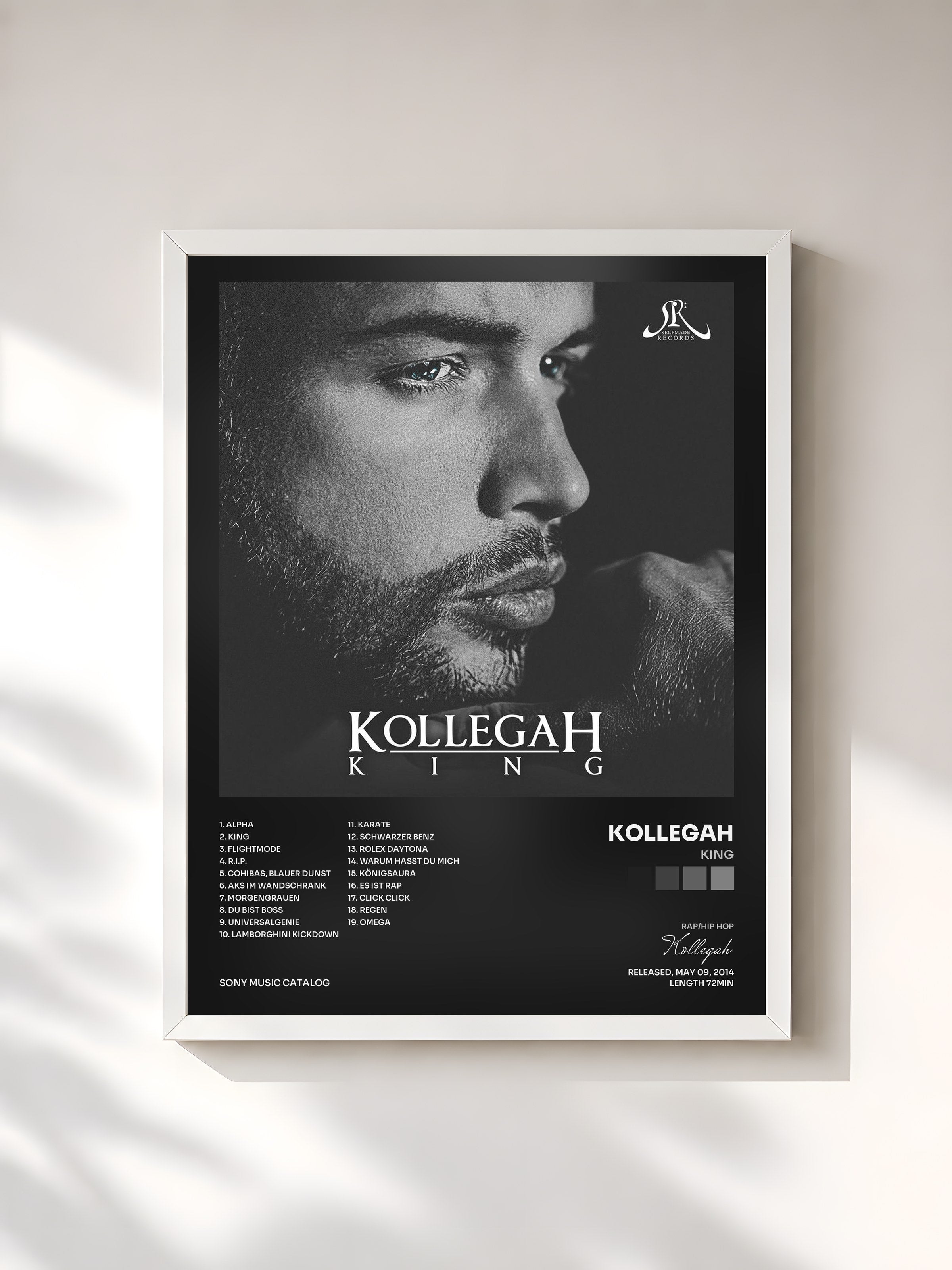 #blanc Tableau de l'album King de Kollegah, cadre blanc, imprimé et encadré en France