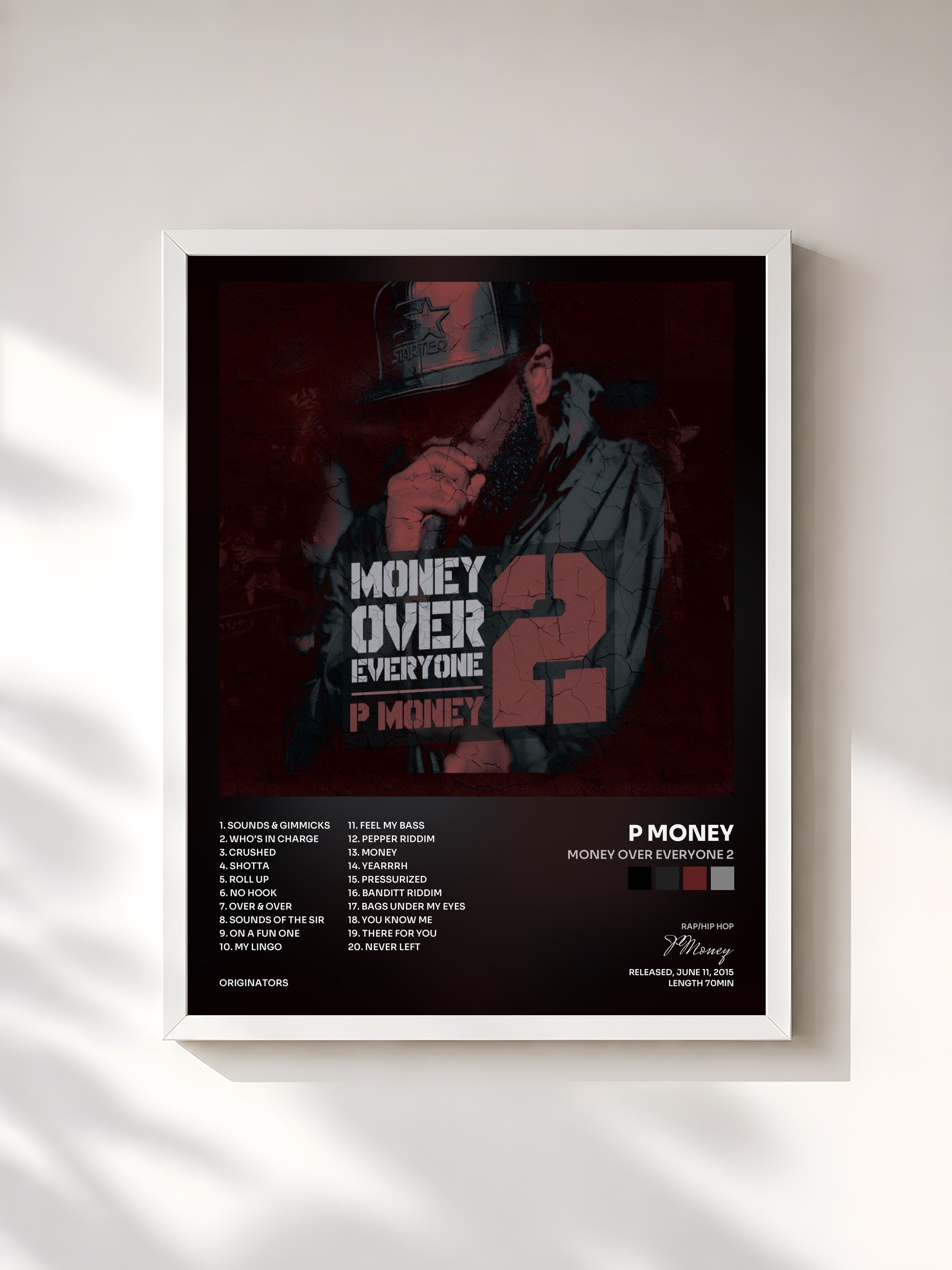 #blanc Tableau de l'album Money Over Everyone 2 de P Money, cadre blanc, imprimé et encadré en France