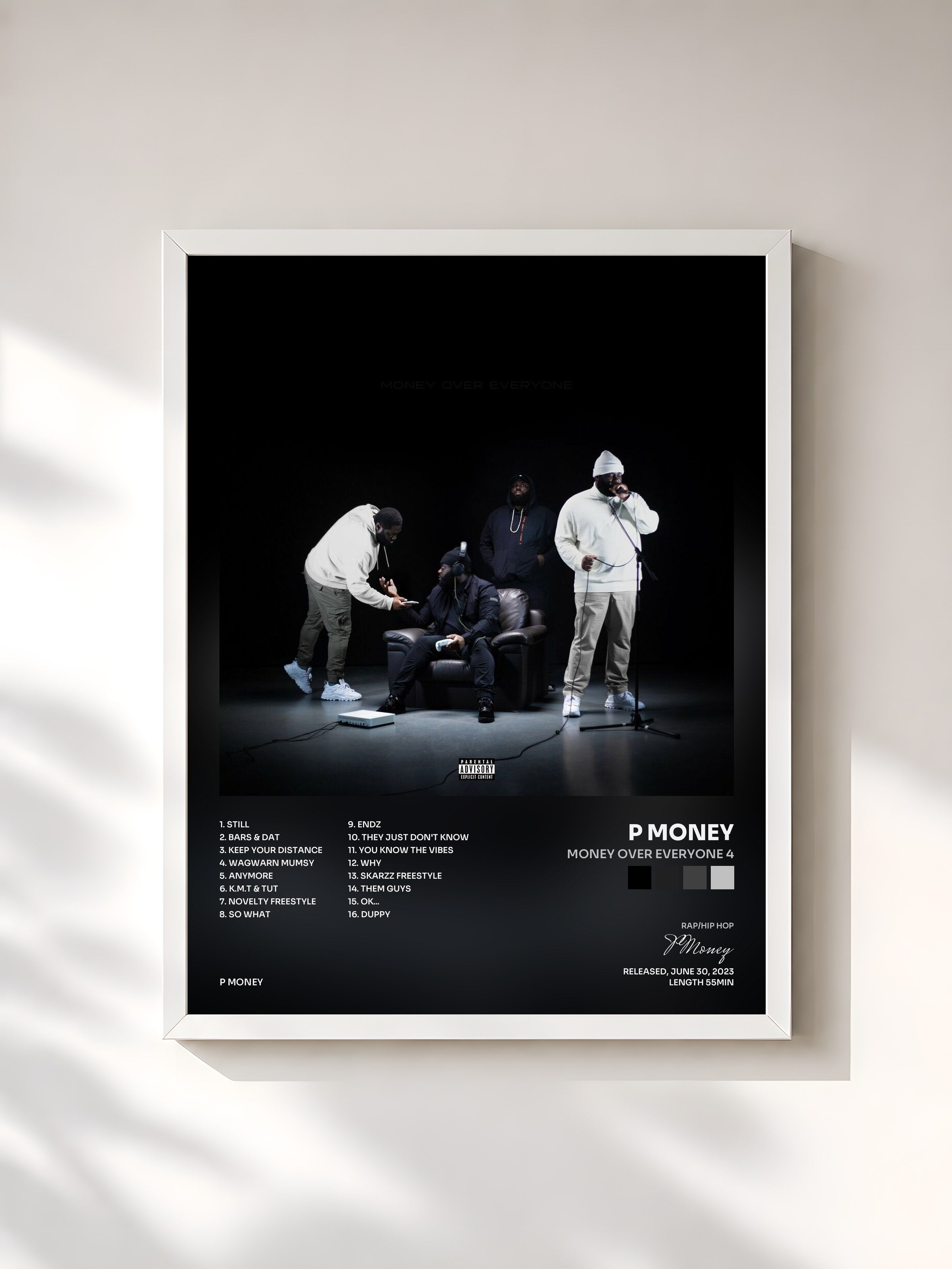 #blanc Tableau de l'album Money Over Everyone 4 de P Money, cadre blanc, imprimé et encadré en France